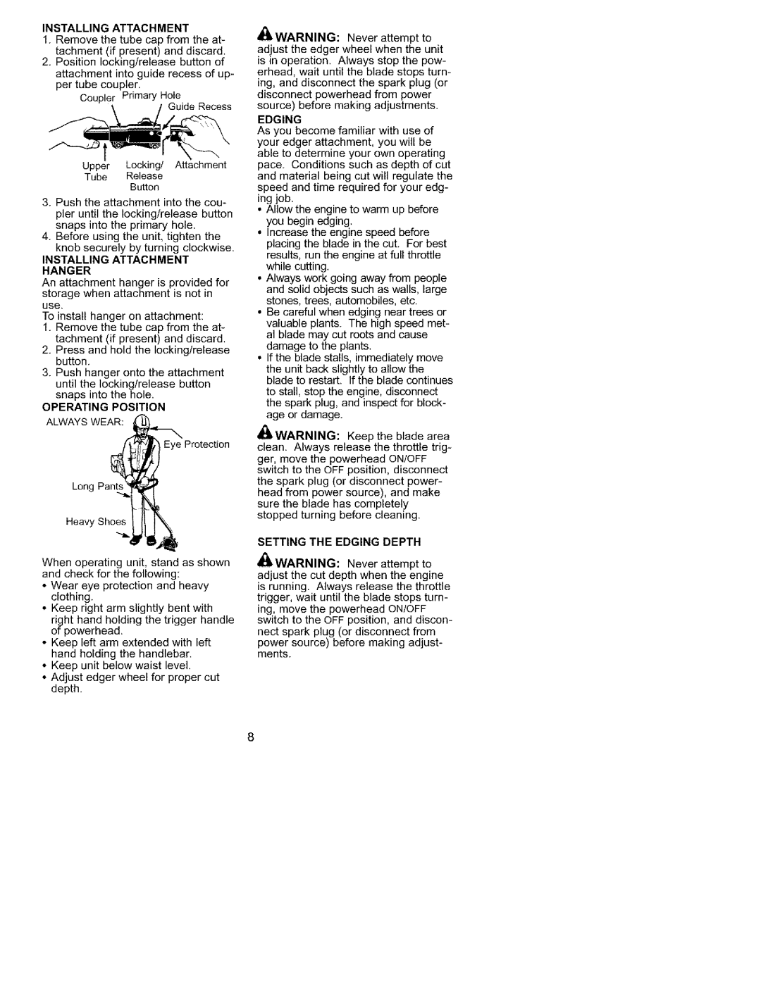 Univex 358.792400 instruction manual Installing Attachment Hanger, Operating Position, Setting the Edging Depth 