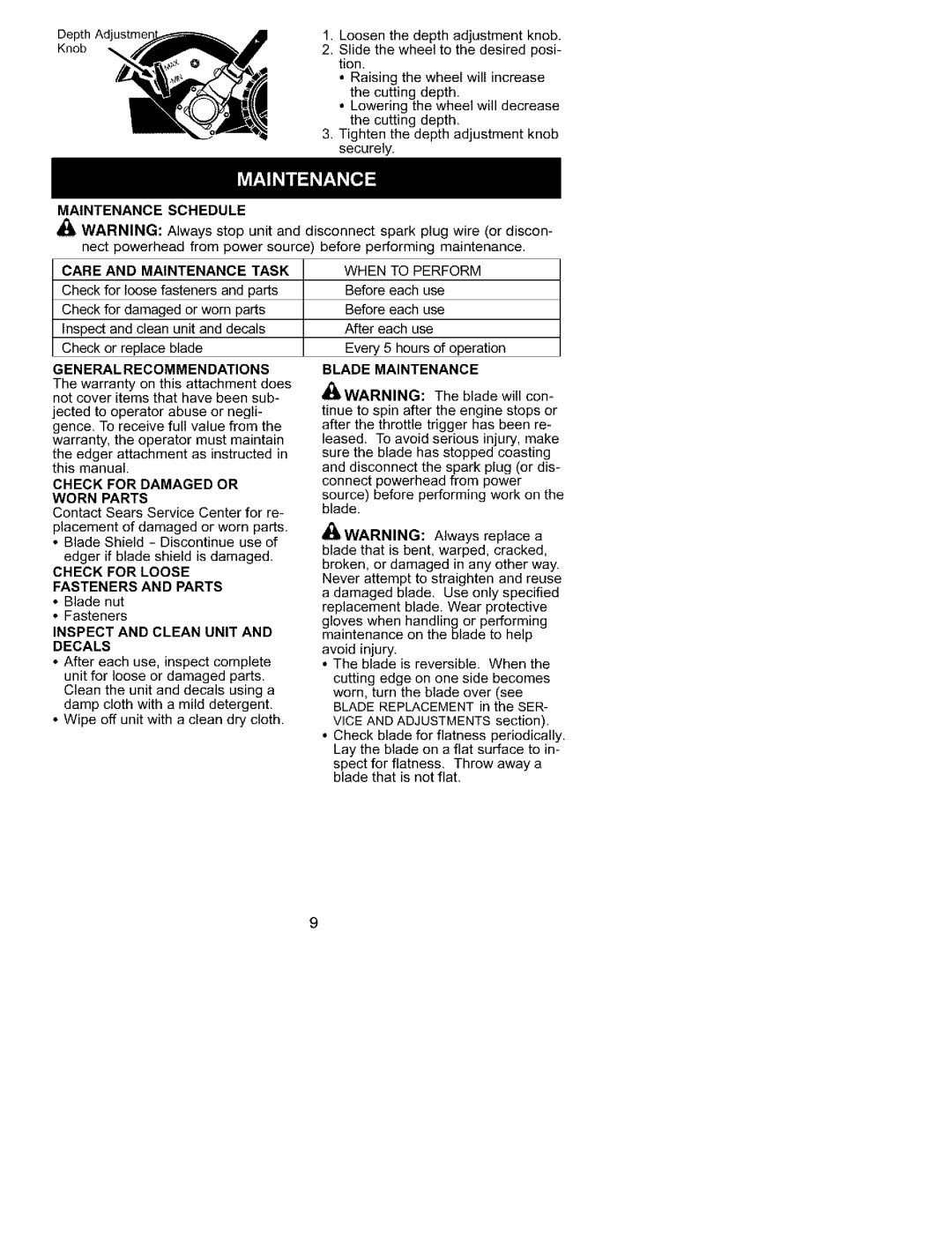 Univex 358.792400 instruction manual Maintenance Schedule, Care and Maintenance Task, Blade Maintenance 