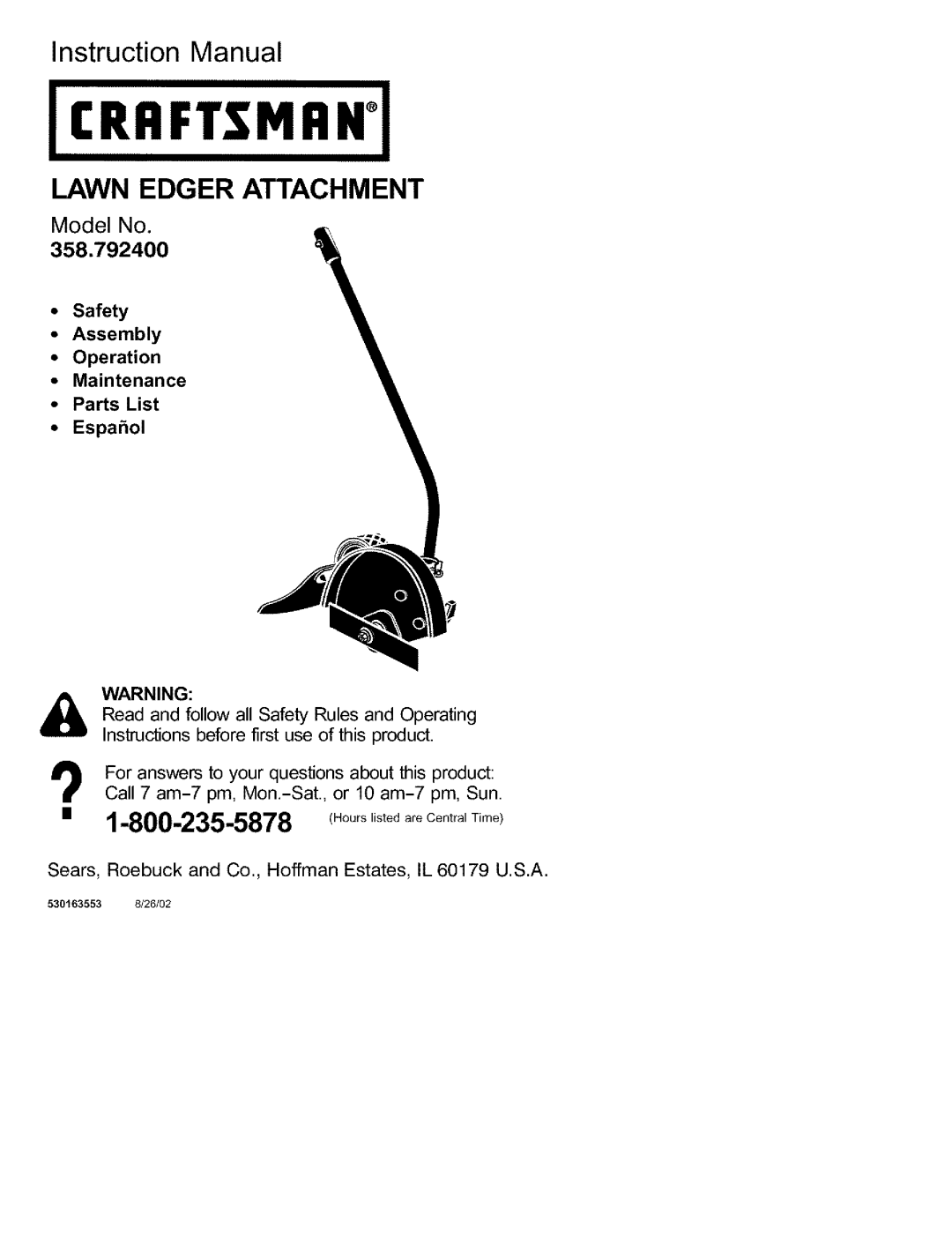 Univex 358.792400 instruction manual Lawn Edger Attachment, Model No, Assembly, Maintenance Parts List Espahol 