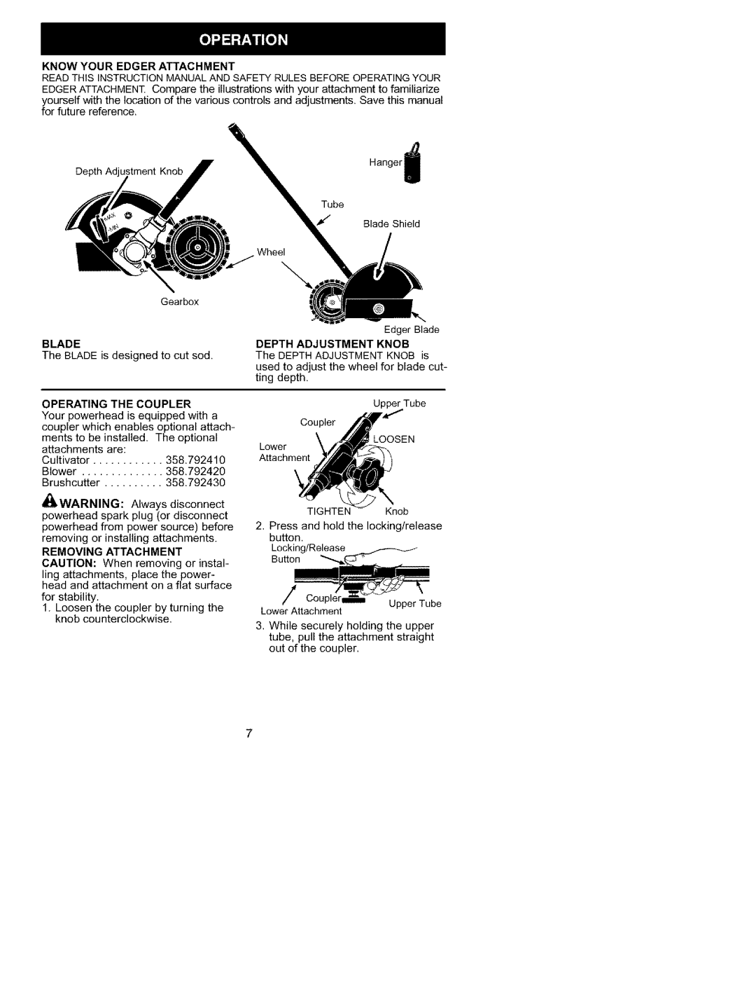 Univex 358.792400 instruction manual Know Your Edger Attachment, Blade, Operating The Coupler 