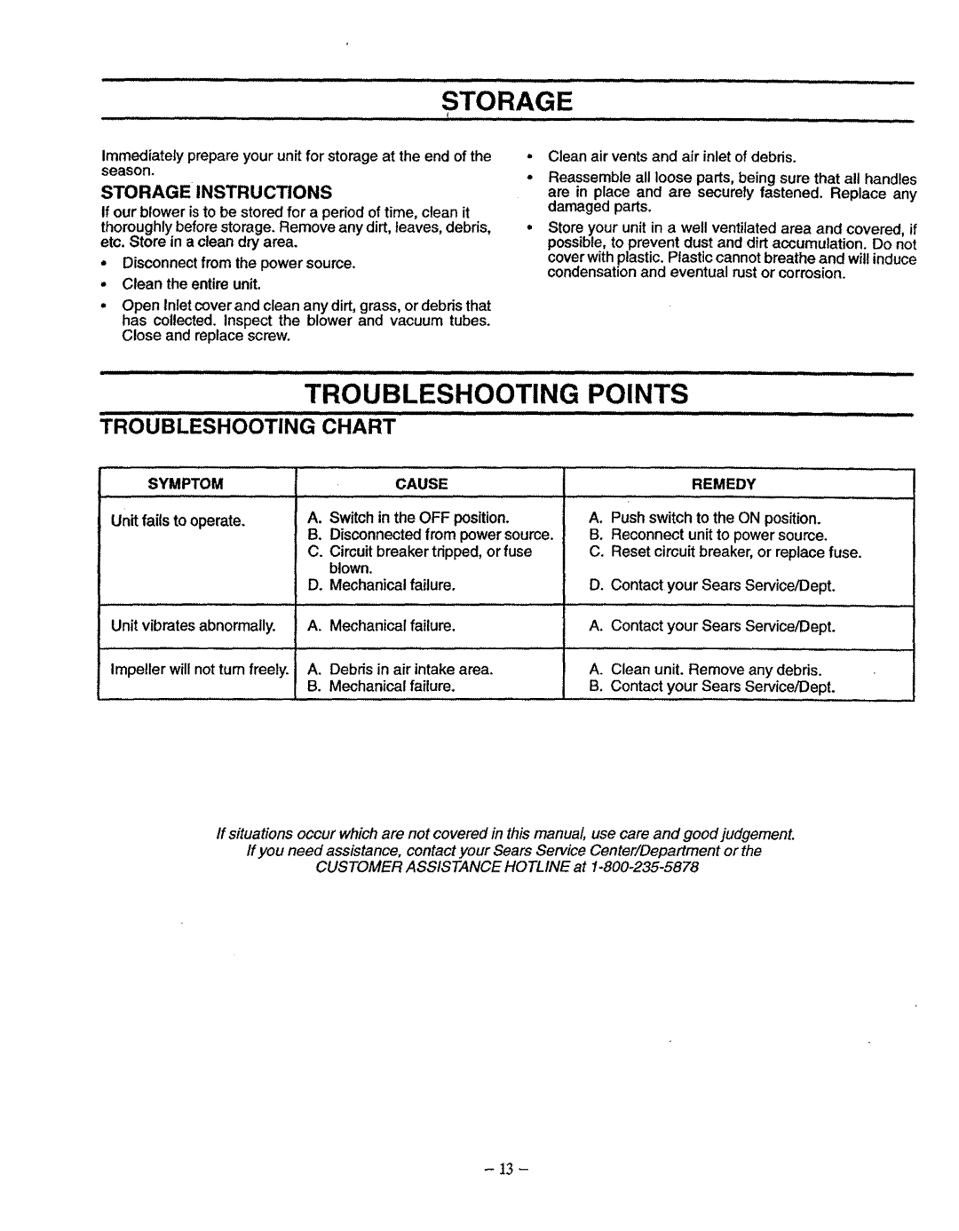 Univex 358.798380 manual Storage Instructions, Symptom, Unit fails to operate, Cause, Push switch To the on position 