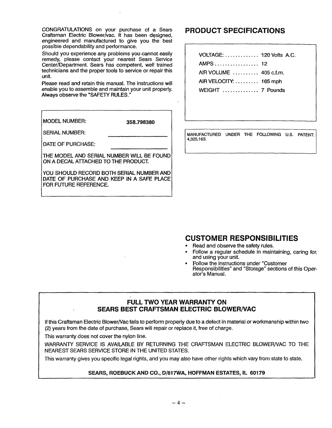 Univex 358.798380 Customer Responsibilities, Product Specifications, SEARS, Roebuck and CO., D/817WA, Hoffman ESTATES, IL 