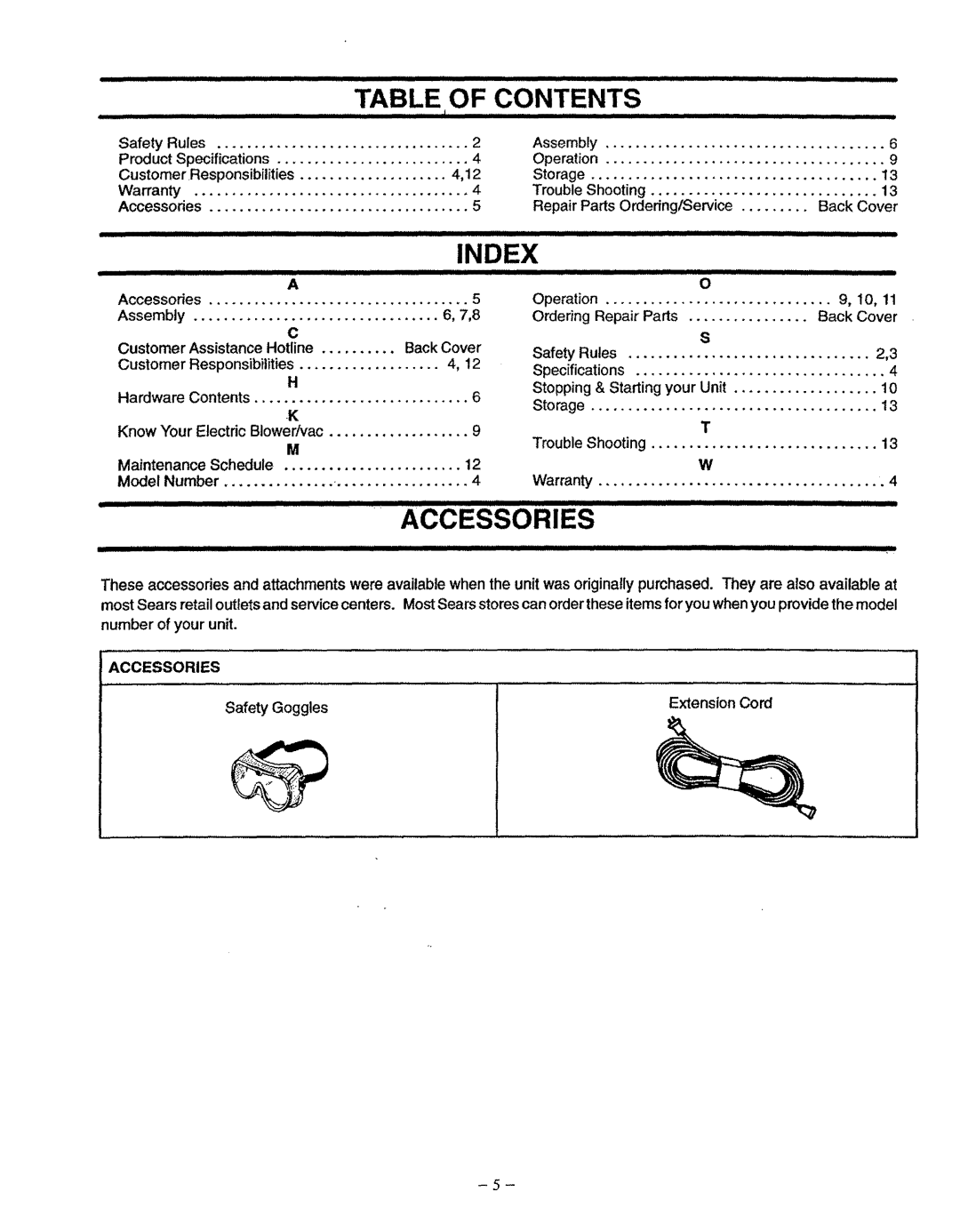 Univex 358.798380 manual Index, Contents 