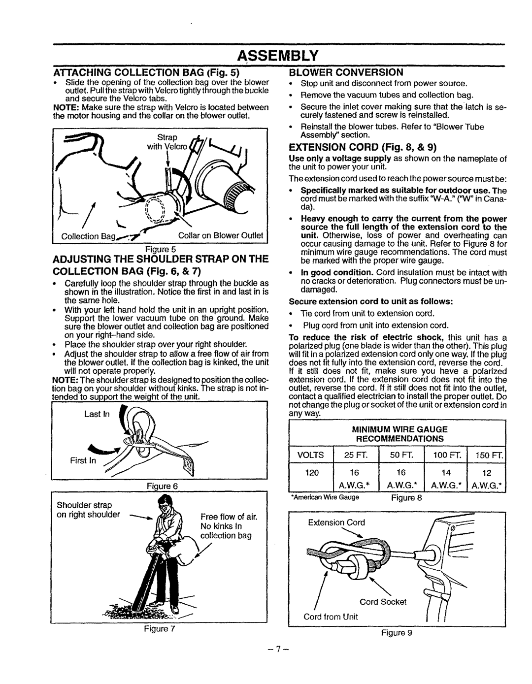 Univex 358.798380 manual Ttaching coLLEcTION BAG Fig, Adjusting the Shoulder Strap on, Collection BAG, Extension Cord 