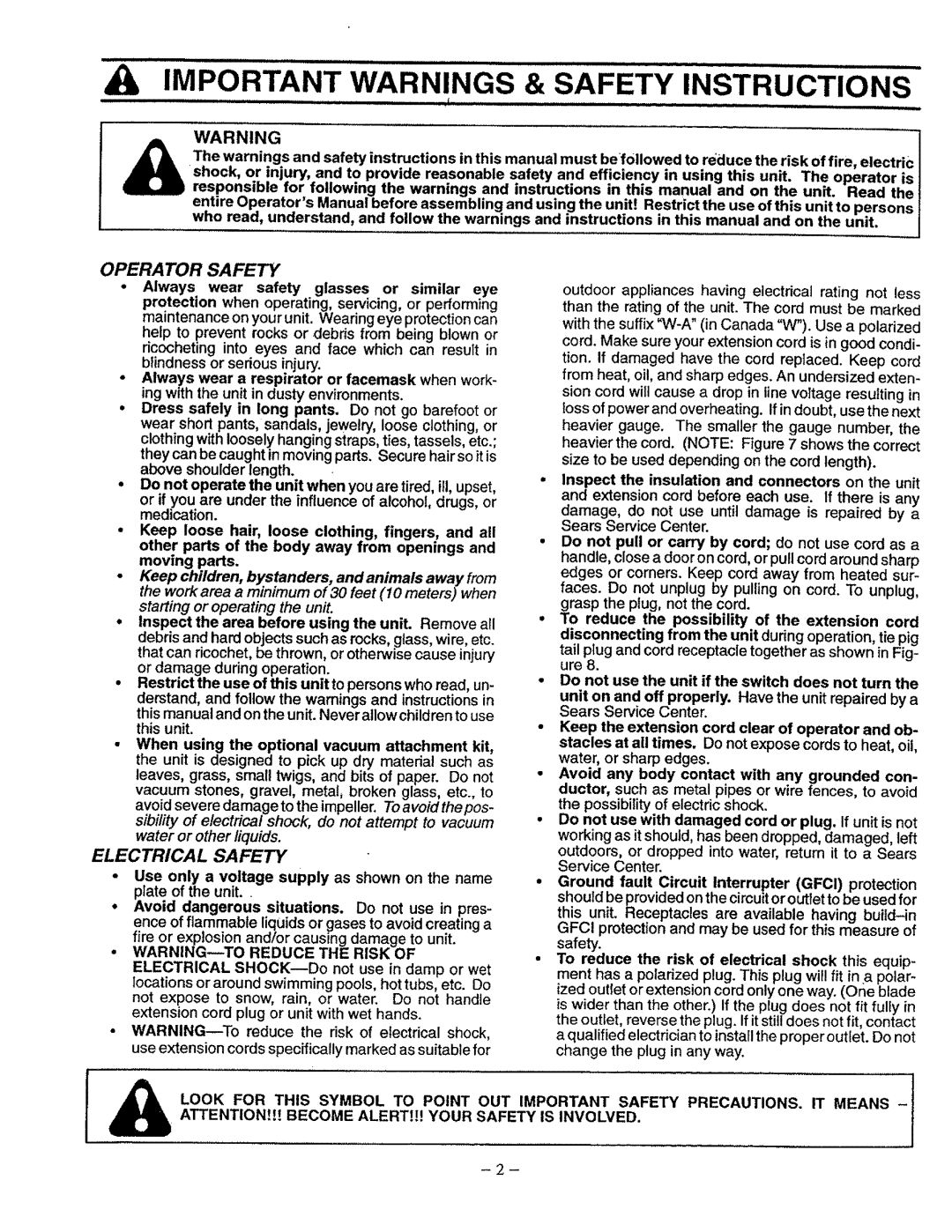 Univex 358.798380 manual Important Warnings & Safety Instructions, Operator Safety, Electrical Safety 