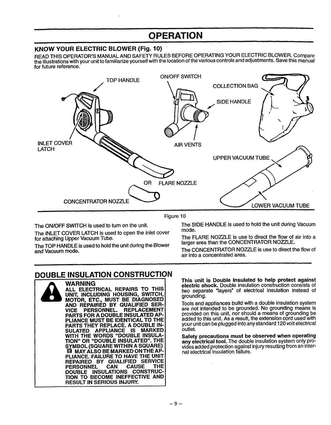 Univex 358.798380 manual KNOW YOUR ELECTRIC BLOWER Fig, Double Insulation Construction 