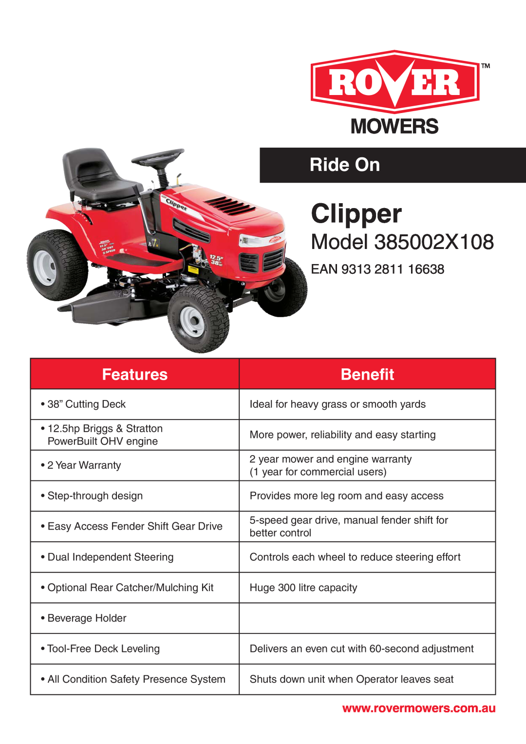 Univex 385002X108 warranty Clipper, Model, Ride On, Features, Benefit, Ean 