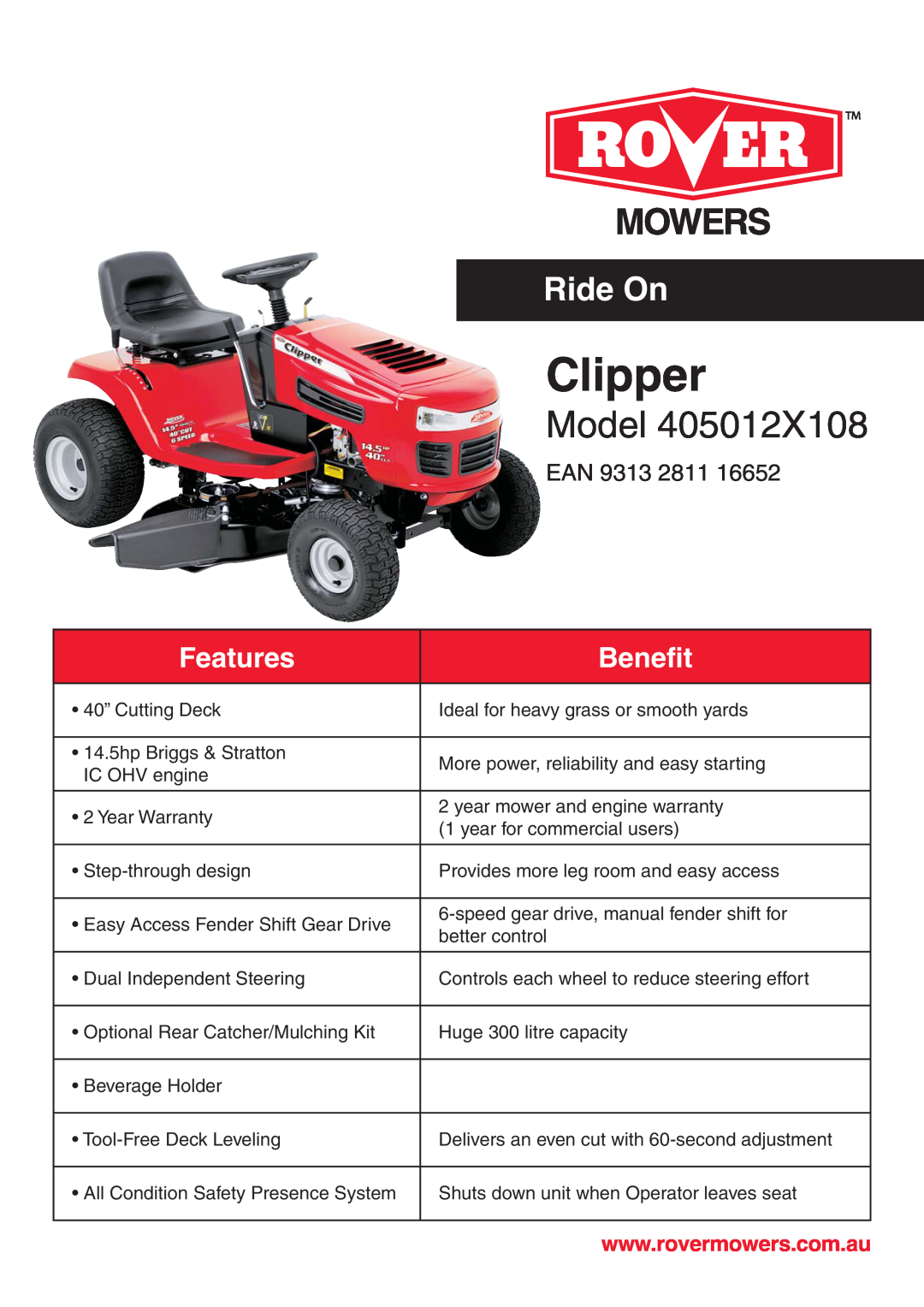 Univex 405012X108 warranty Clipper, Model, Ride On, Features, Benefit, Ean 