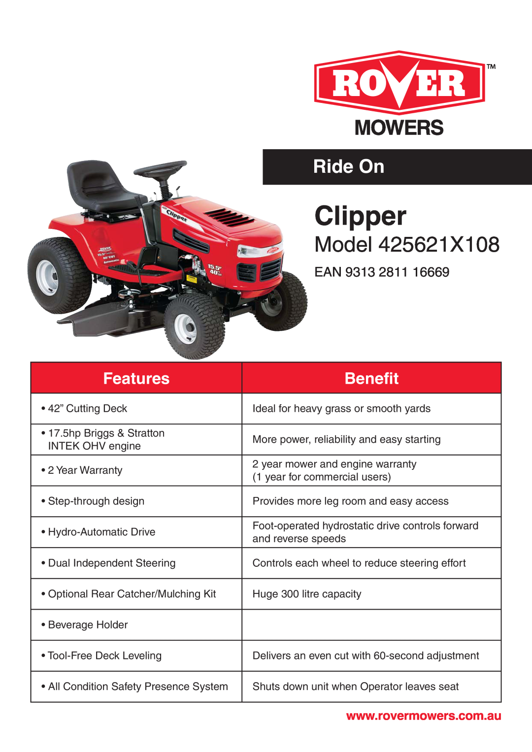 Univex 425621X108 warranty Clipper, Model, Ride On, Features, Benefit, Ean 