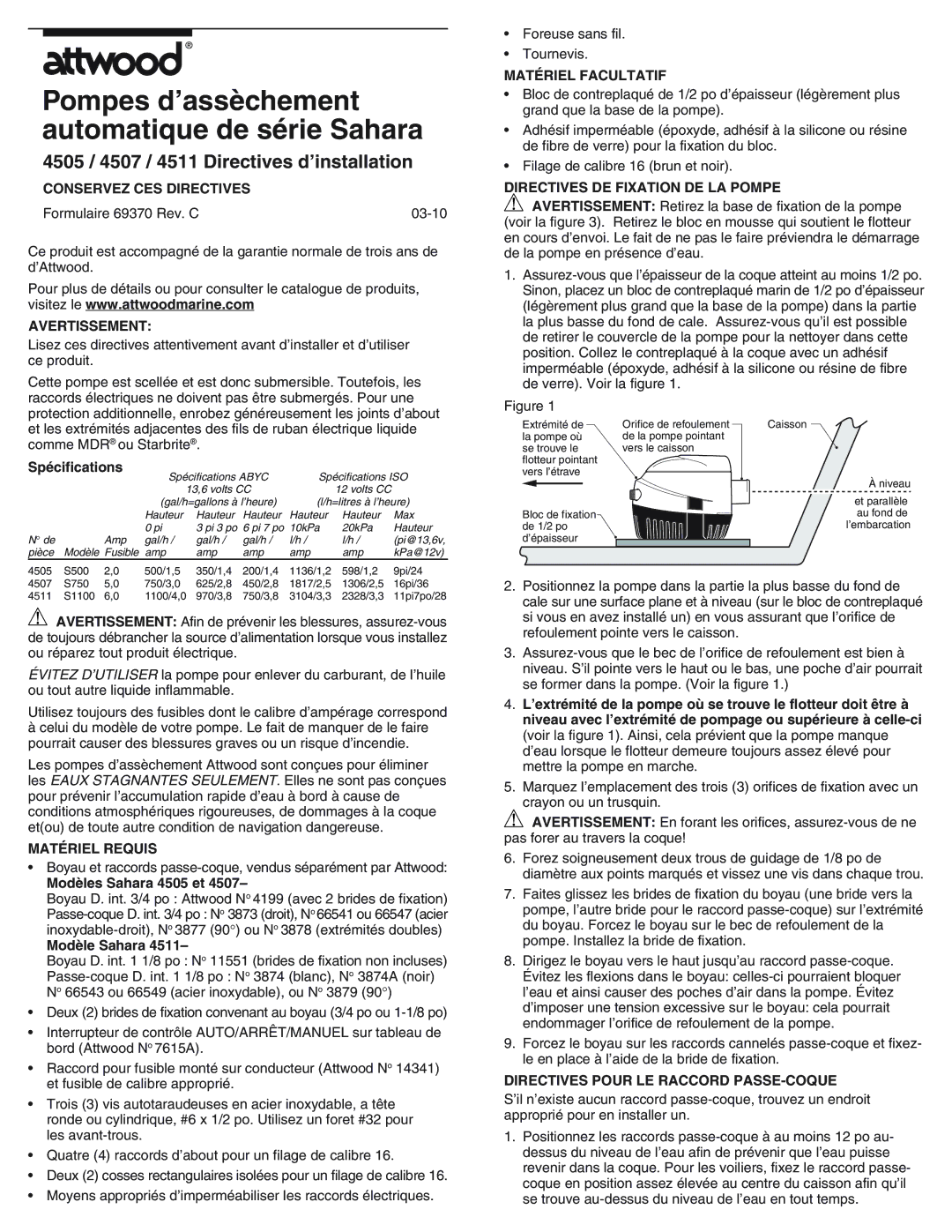 Univex 69370, 4505MP1 Conservez CES Directives, Avertissement, Matériel Facultatif, Directives DE Fixation DE LA Pompe 