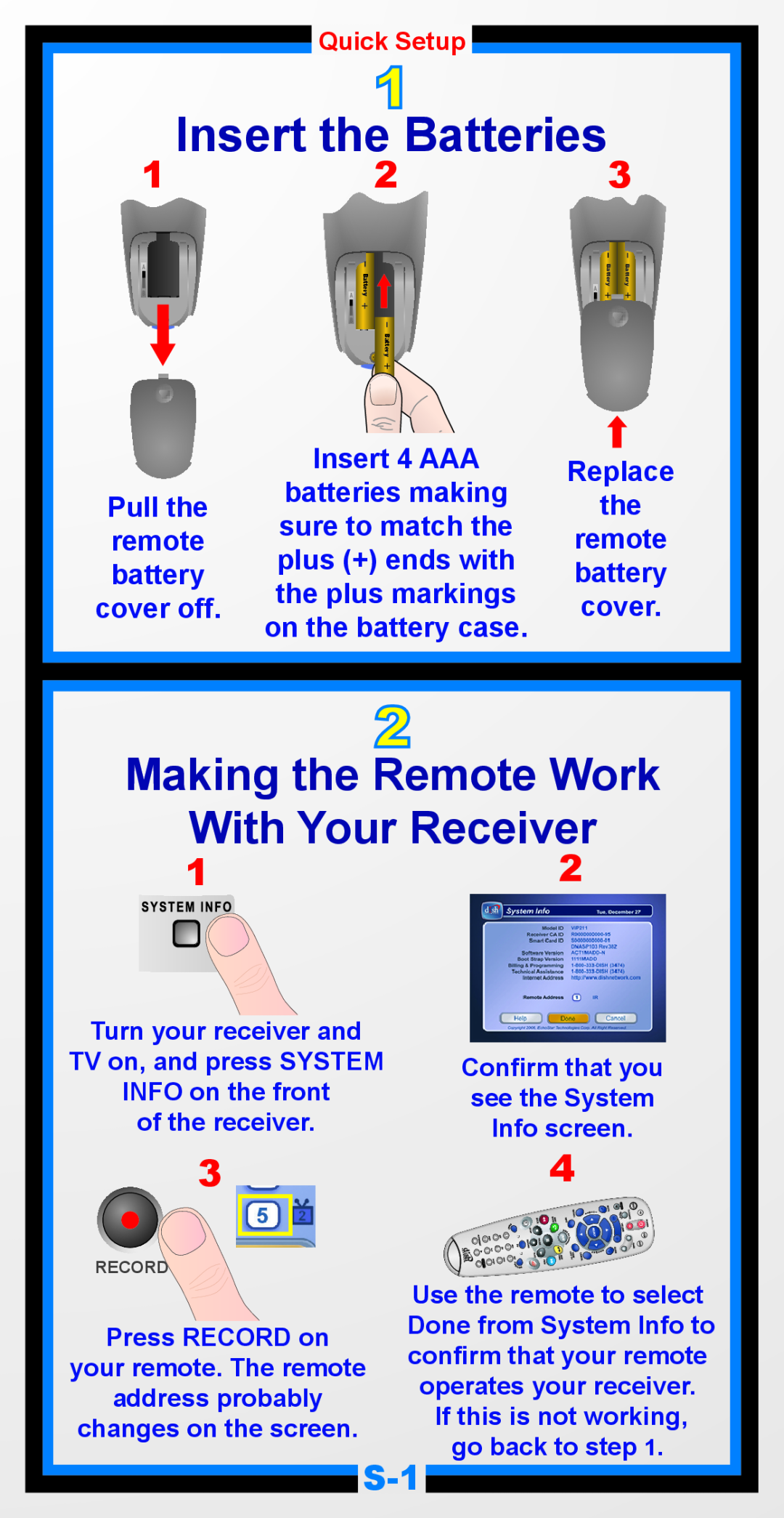 Univex 5.4 manual Insert the Batteries, Making the Remote Work With Your Receiver, Quick1Setup 