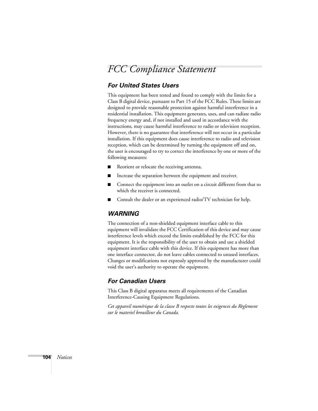 Univex 700 manual FCC Compliance Statement, For United States Users 