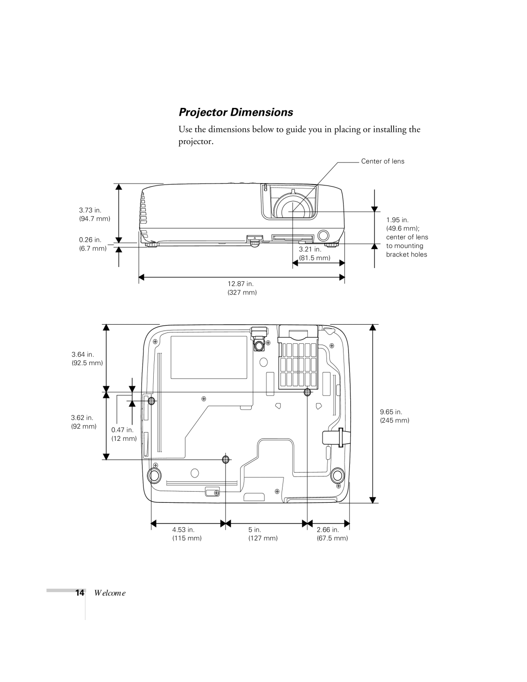 Univex 700 manual Projector Dimensions 