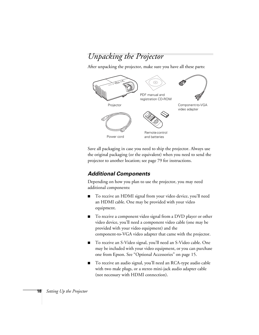 Univex 700 manual Unpacking the Projector, Additional Components 