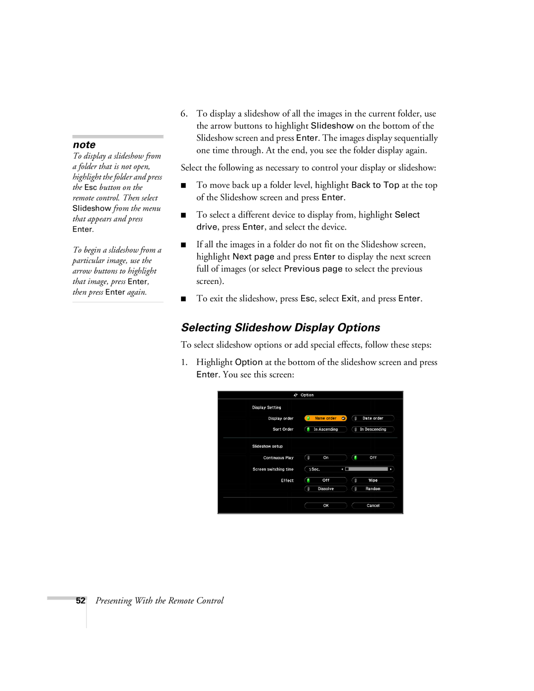 Univex 700 manual Selecting Slideshow Display Options 