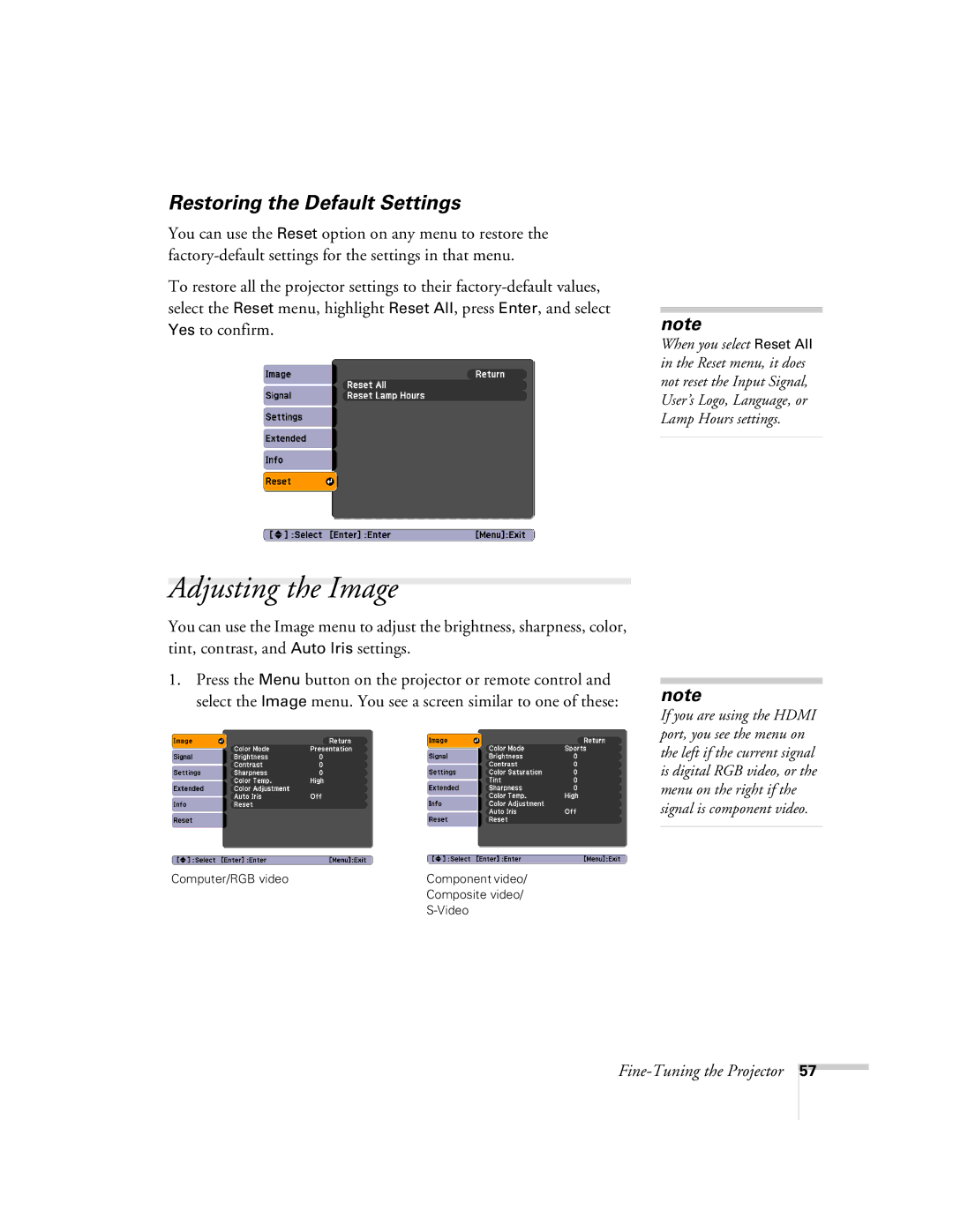 Univex 700 manual Restoring the Default Settings, Fine-Tuning the Projector 