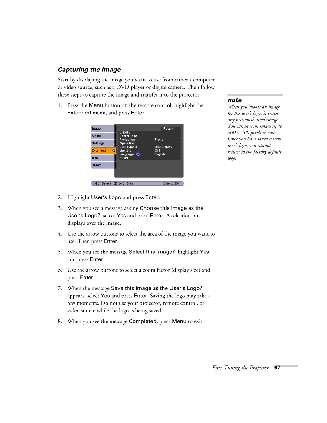 Univex 700 manual Capturing the Image, When you see the message Completed, press Menu to exit 