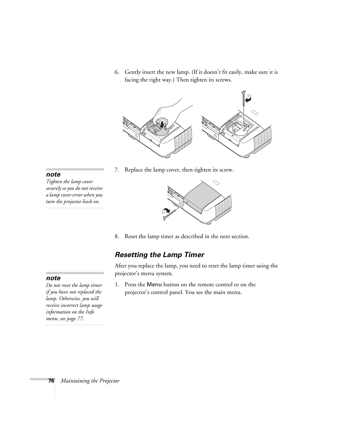 Univex 700 manual Resetting the Lamp Timer 