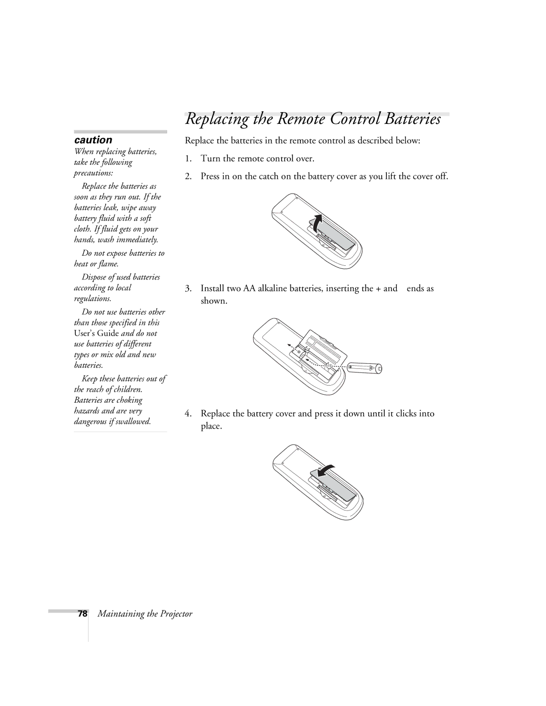 Univex 700 manual Replacing the Remote Control Batteries, When replacing batteries, take the following precautions 