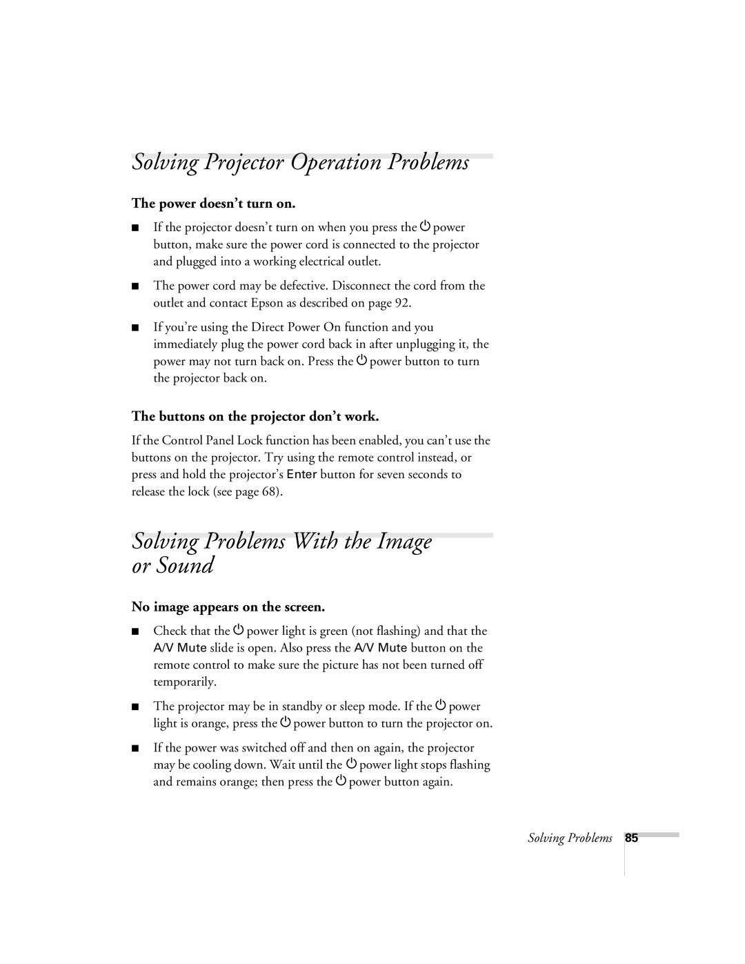 Univex 700 manual Solving Projector Operation Problems, Solving Problems With the Image or Sound 