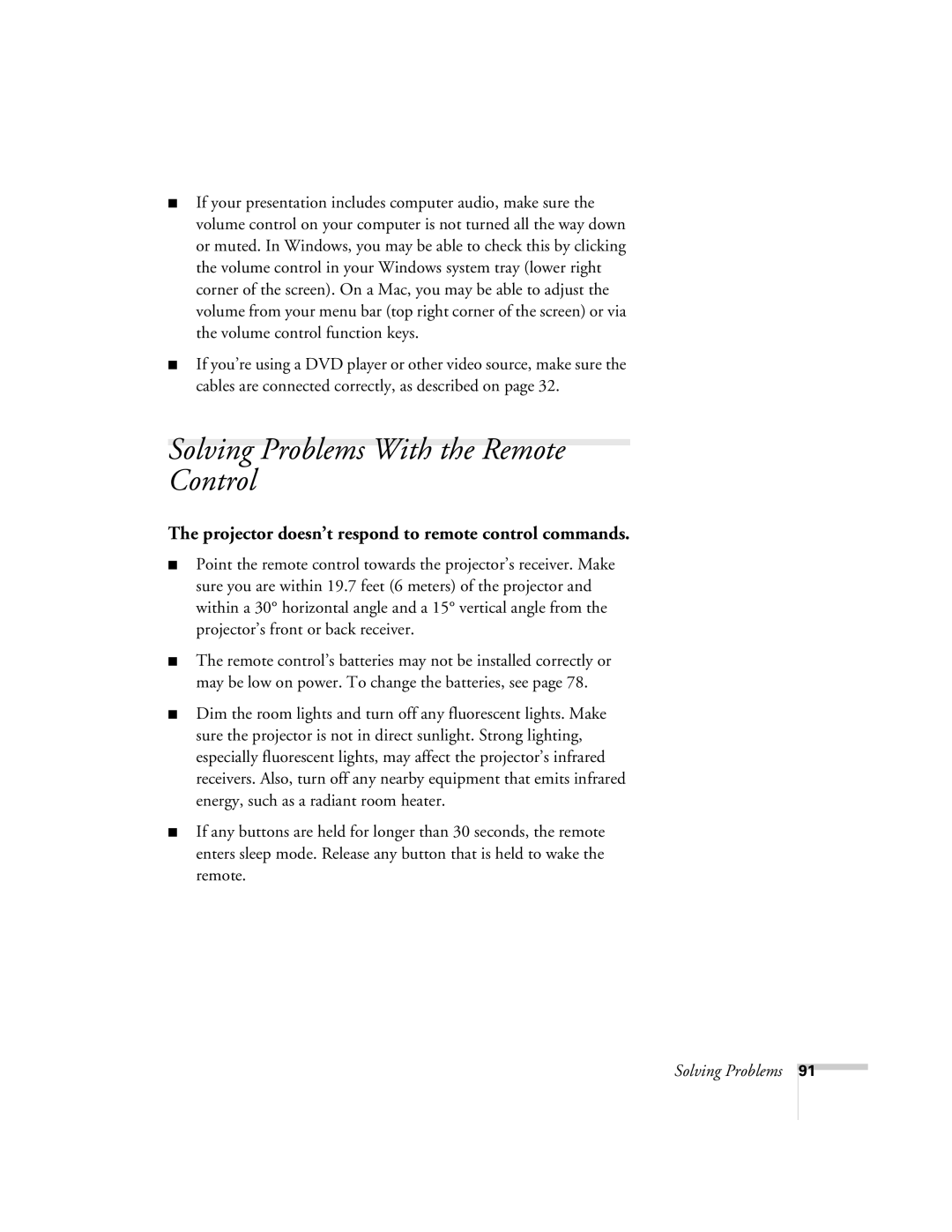 Univex 700 manual Solving Problems With the Remote Control, Projector doesn’t respond to remote control commands 