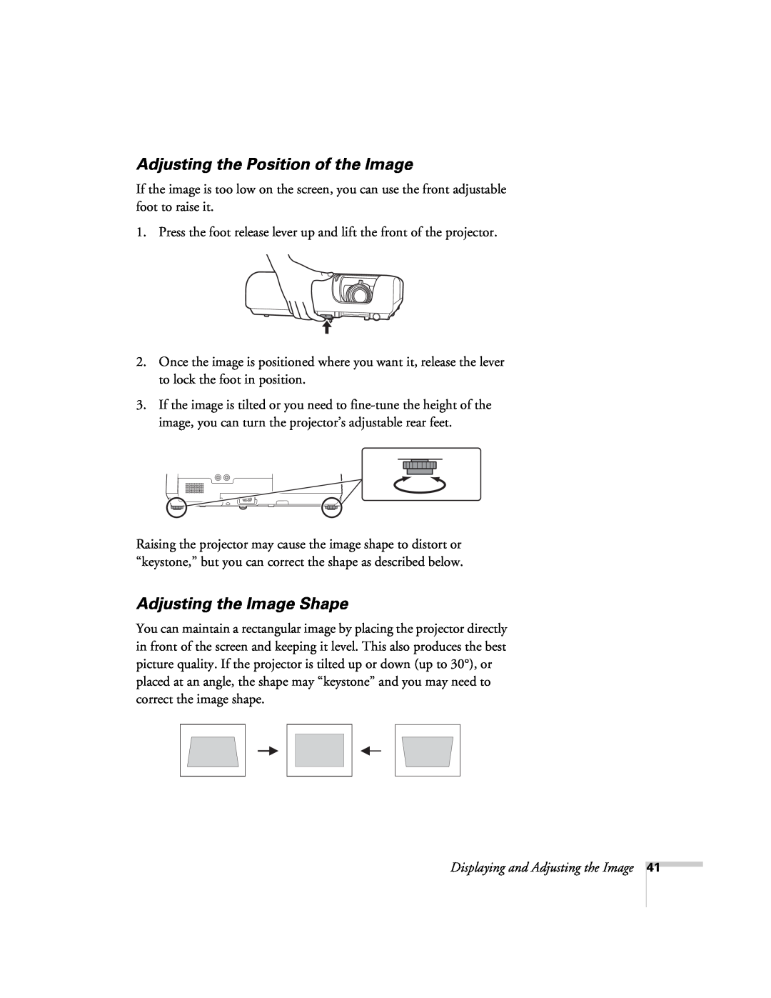 Univex 700 manual Adjusting the Position of the Image, Adjusting the Image Shape, Displaying and Adjusting the Image 