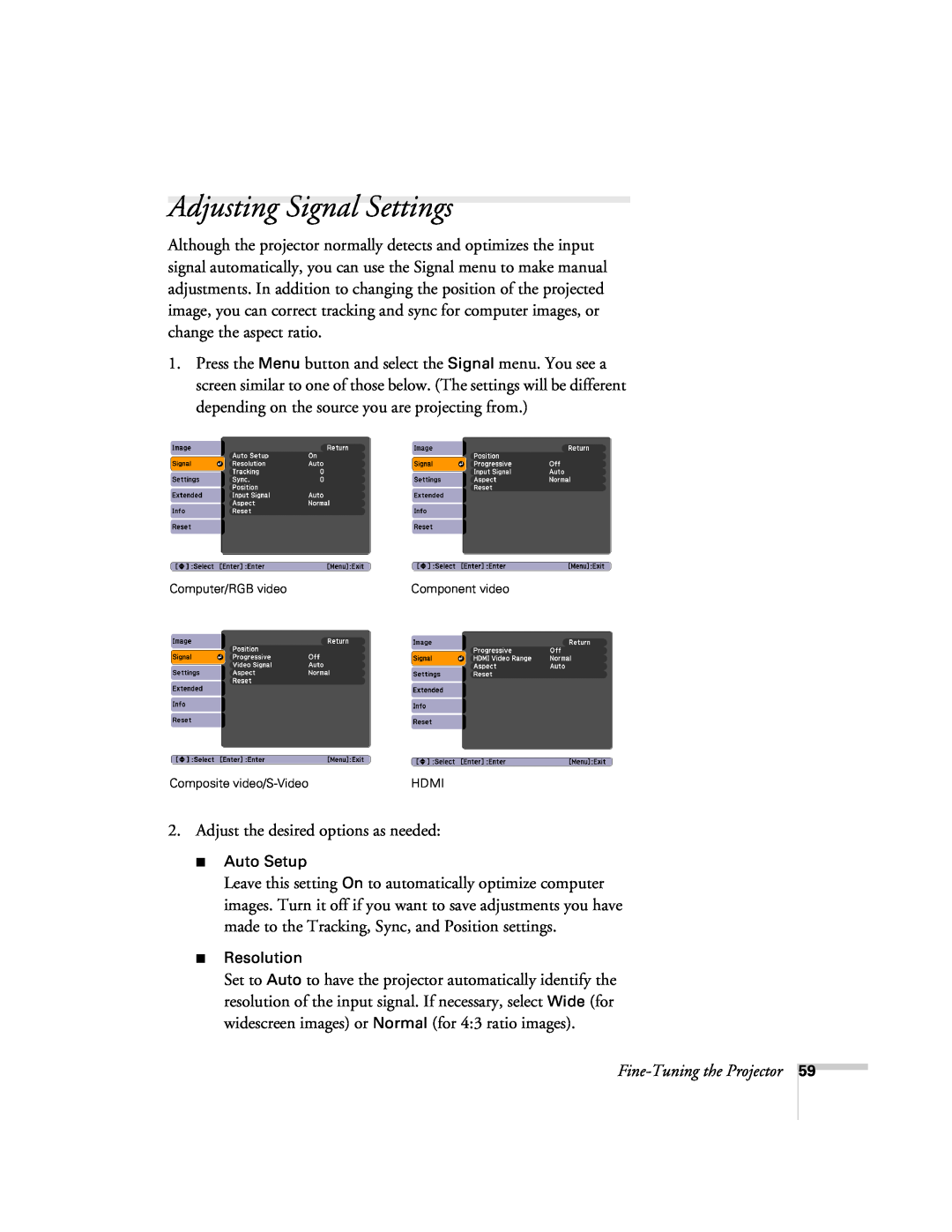 Univex 700 manual Adjusting Signal Settings, Auto Setup, Resolution 
