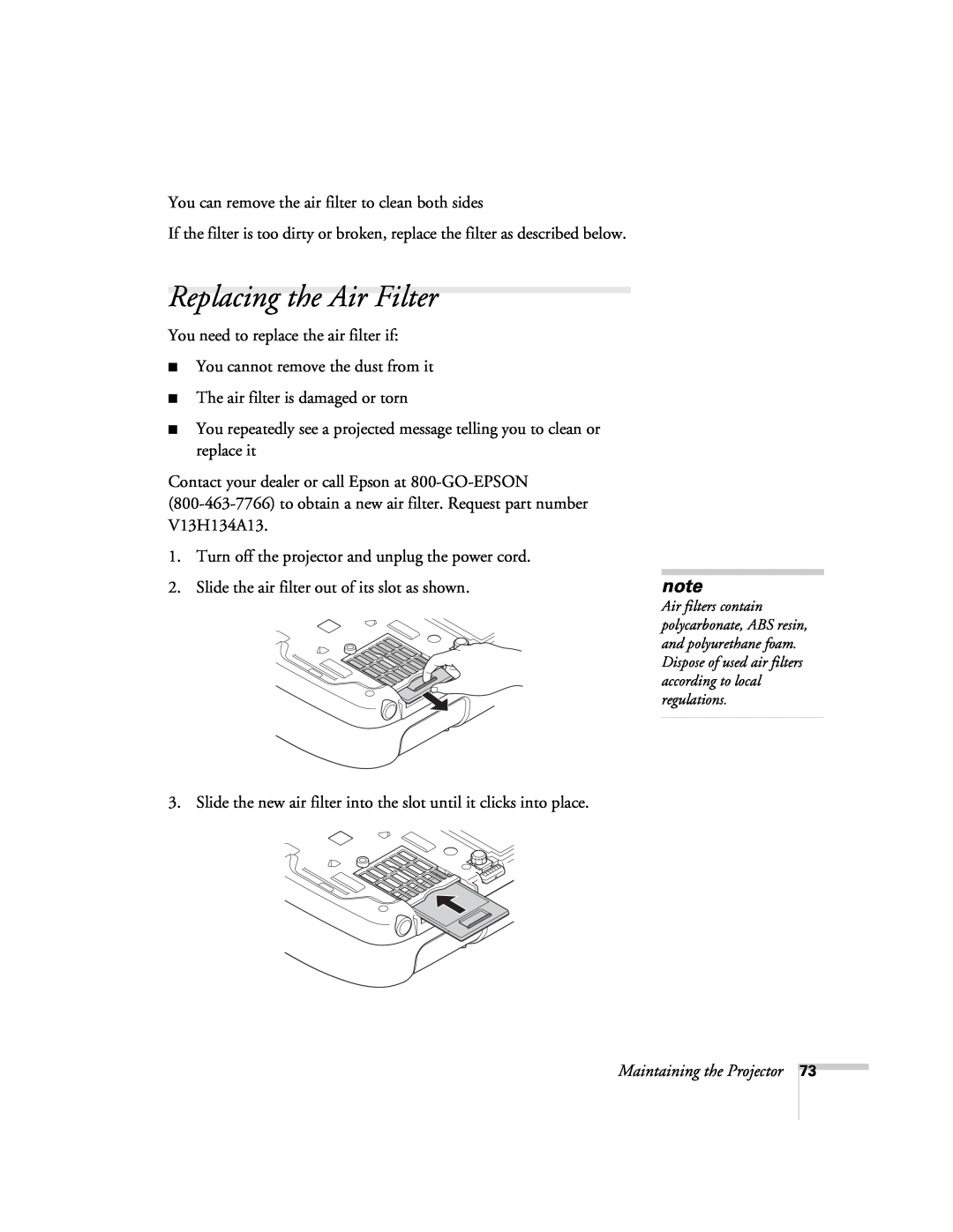 Univex 700 manual Replacing the Air Filter 