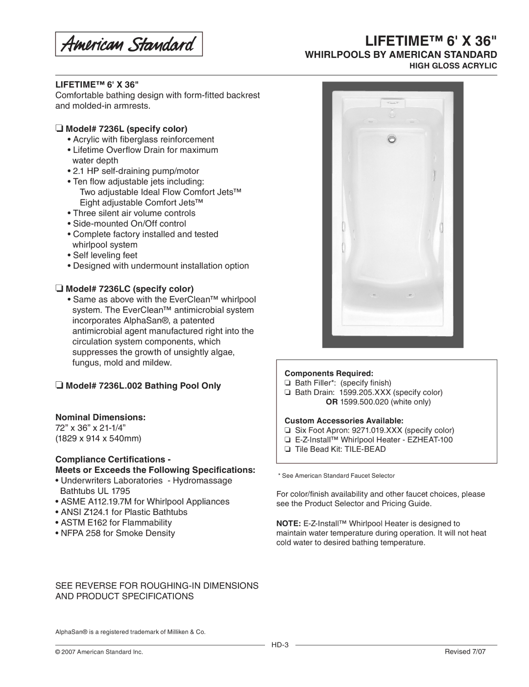 Univex 7236LC, 7236L.002 dimensions Lifetime 6 X, Whirlpools by American Standard 