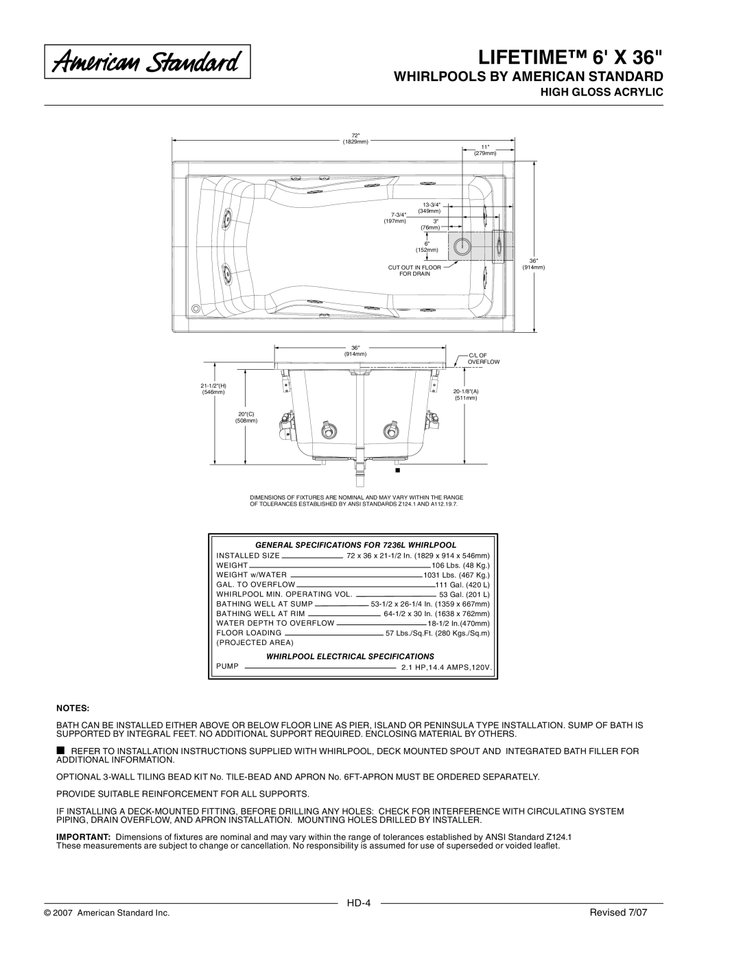 Univex 7236L.002, 7236LC dimensions General Specifications for 7236L Whirlpool, Whirlpool Electrical Specifications 