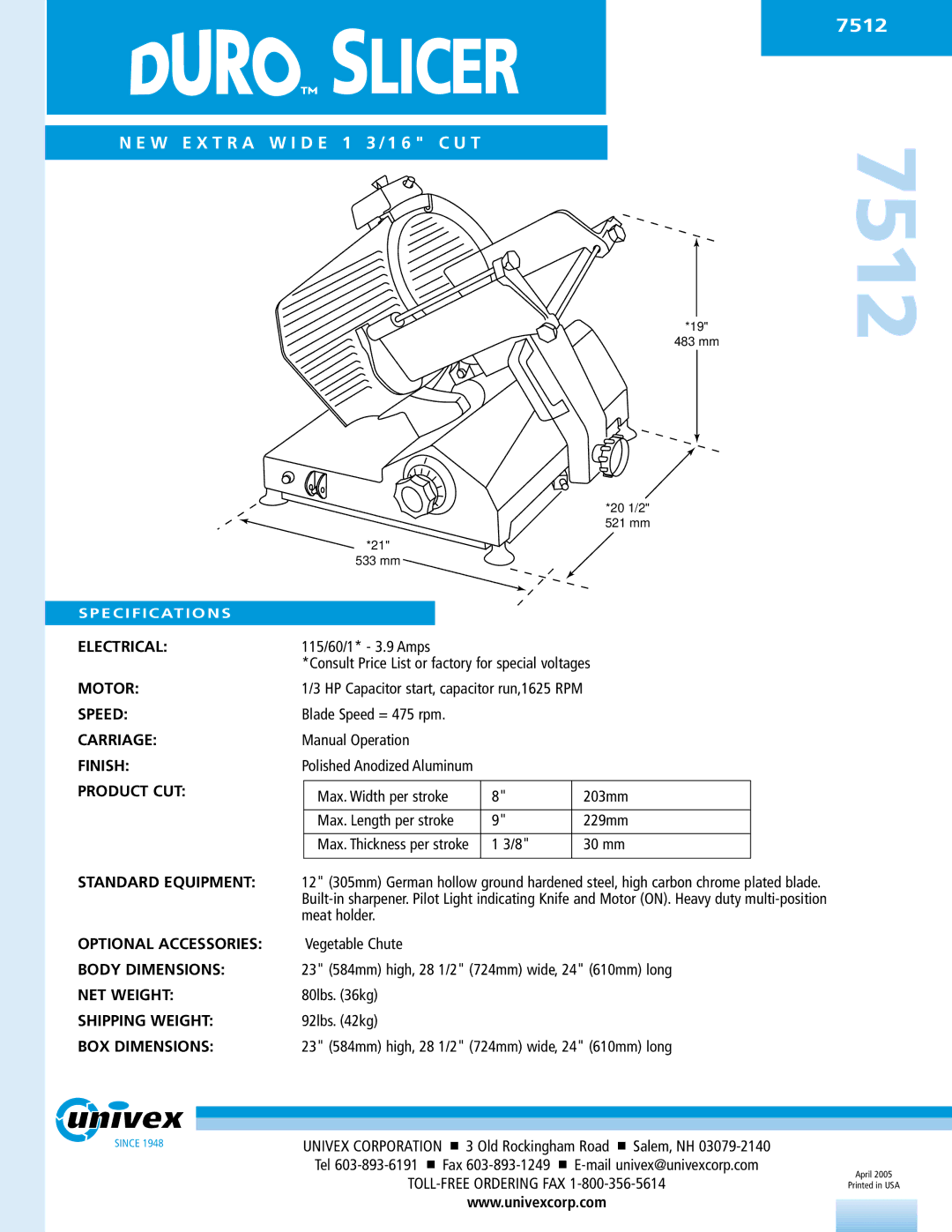 Univex 7512 warranty 