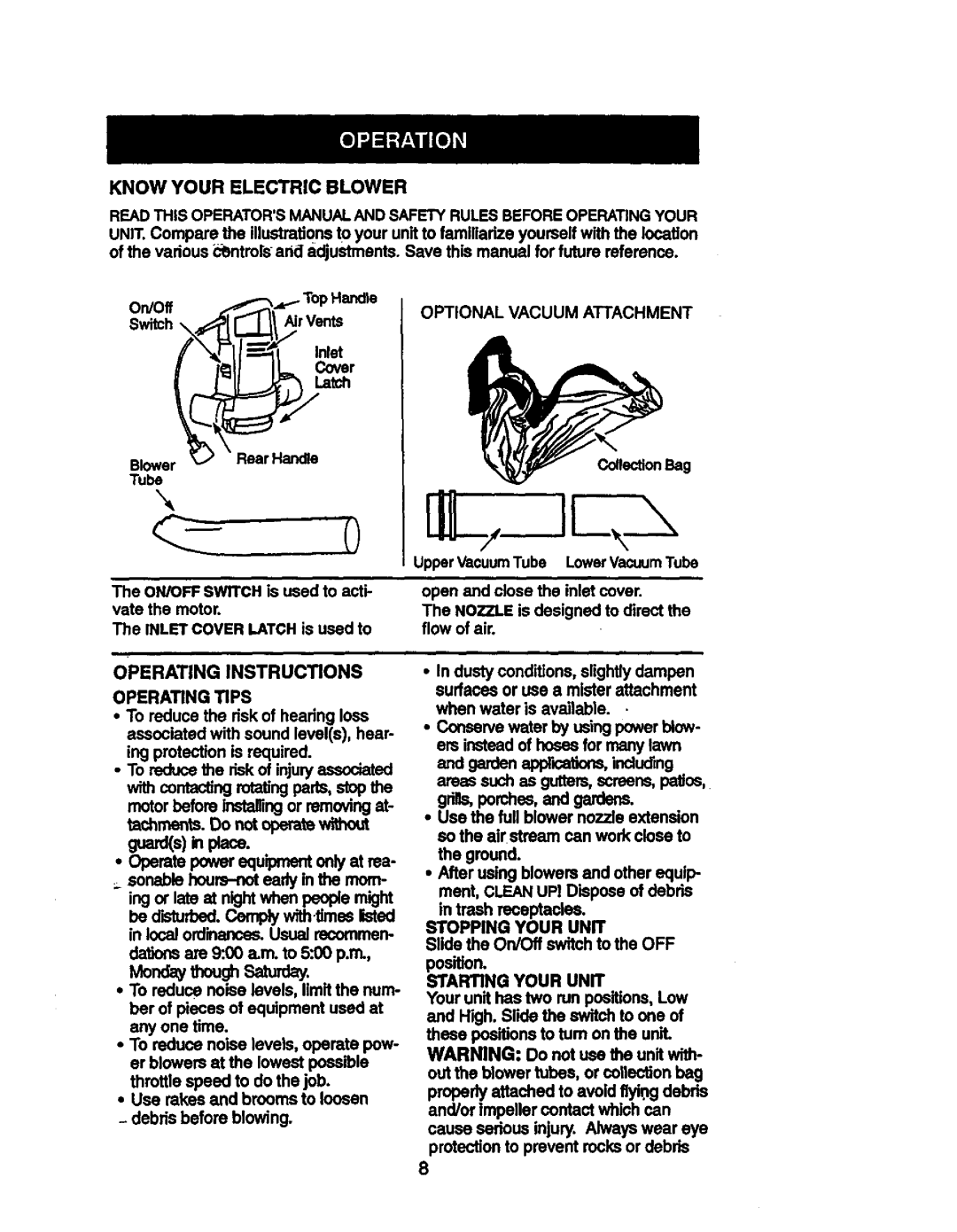 Univex 358.799370 manual Know Your Electric Blower, Operating Tips, Stopping Your Unit 