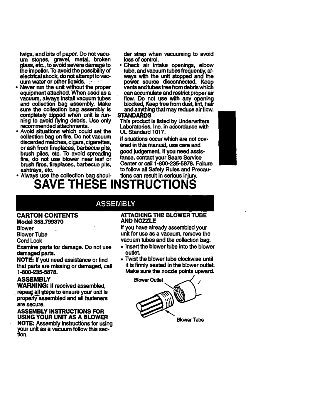 Univex 358.799370 manual Save These Instructions, twigs,andbitsofpaper.Donotvacu, um stones, gravel, metal, broken 