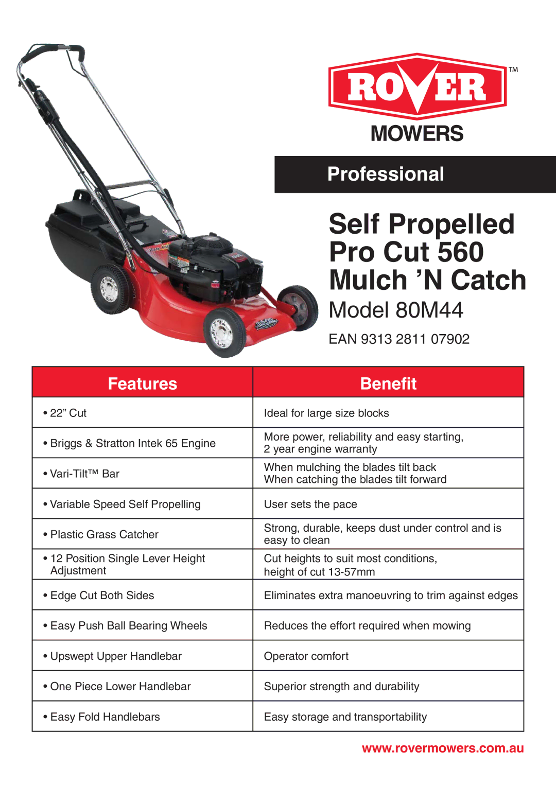 Univex warranty Self Propelled, Pro Cut, Mulch ʼN Catch, Model 80M44, Features Benefit 