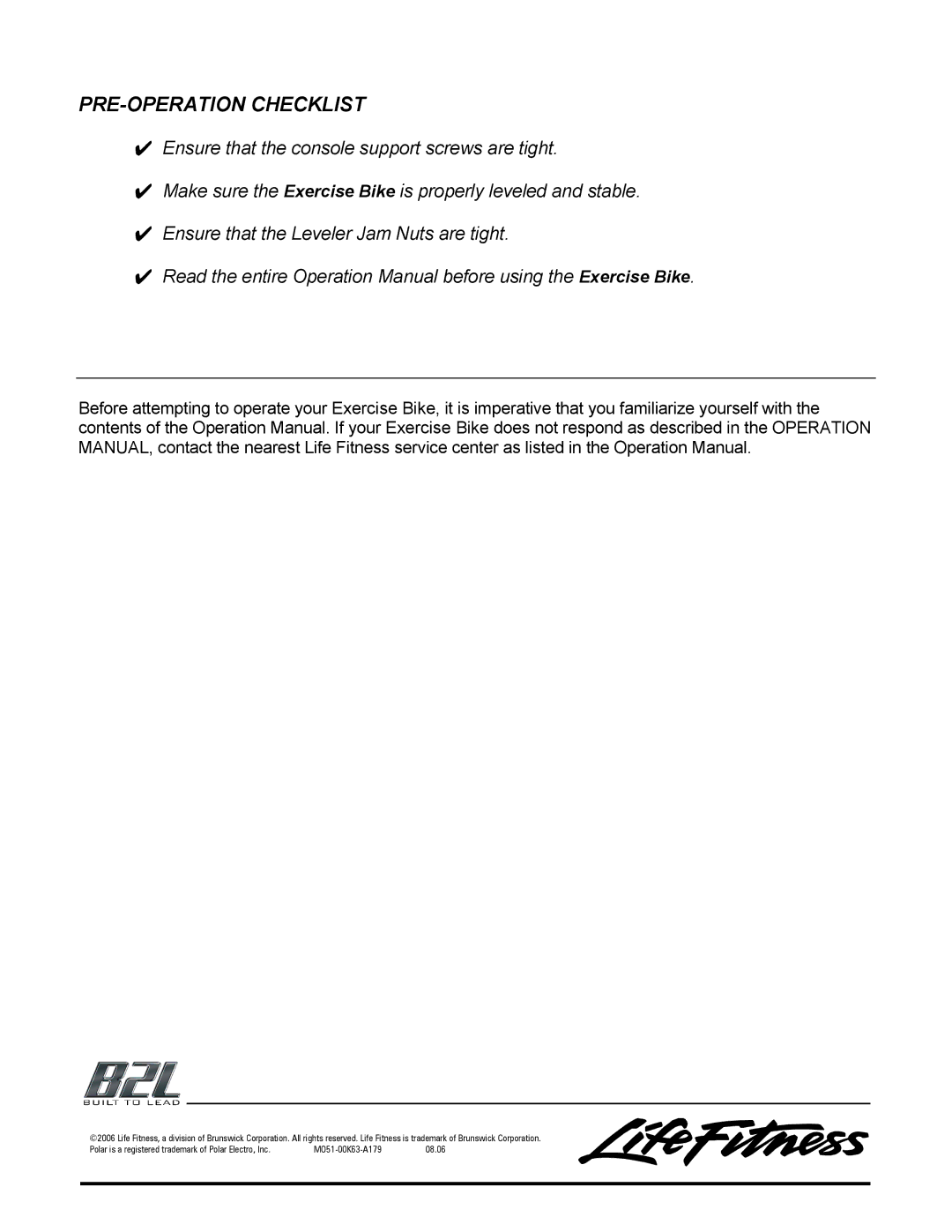 Univex 95Ce manual PRE-OPERATION Checklist 