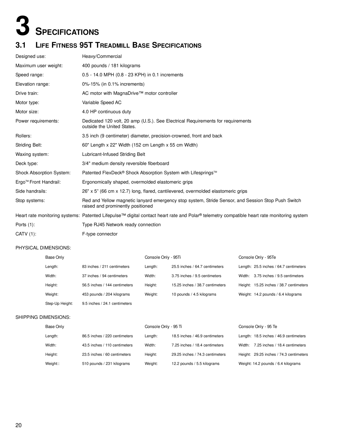 Univex operation manual Life Fitness 95T Treadmill Base Specifications 