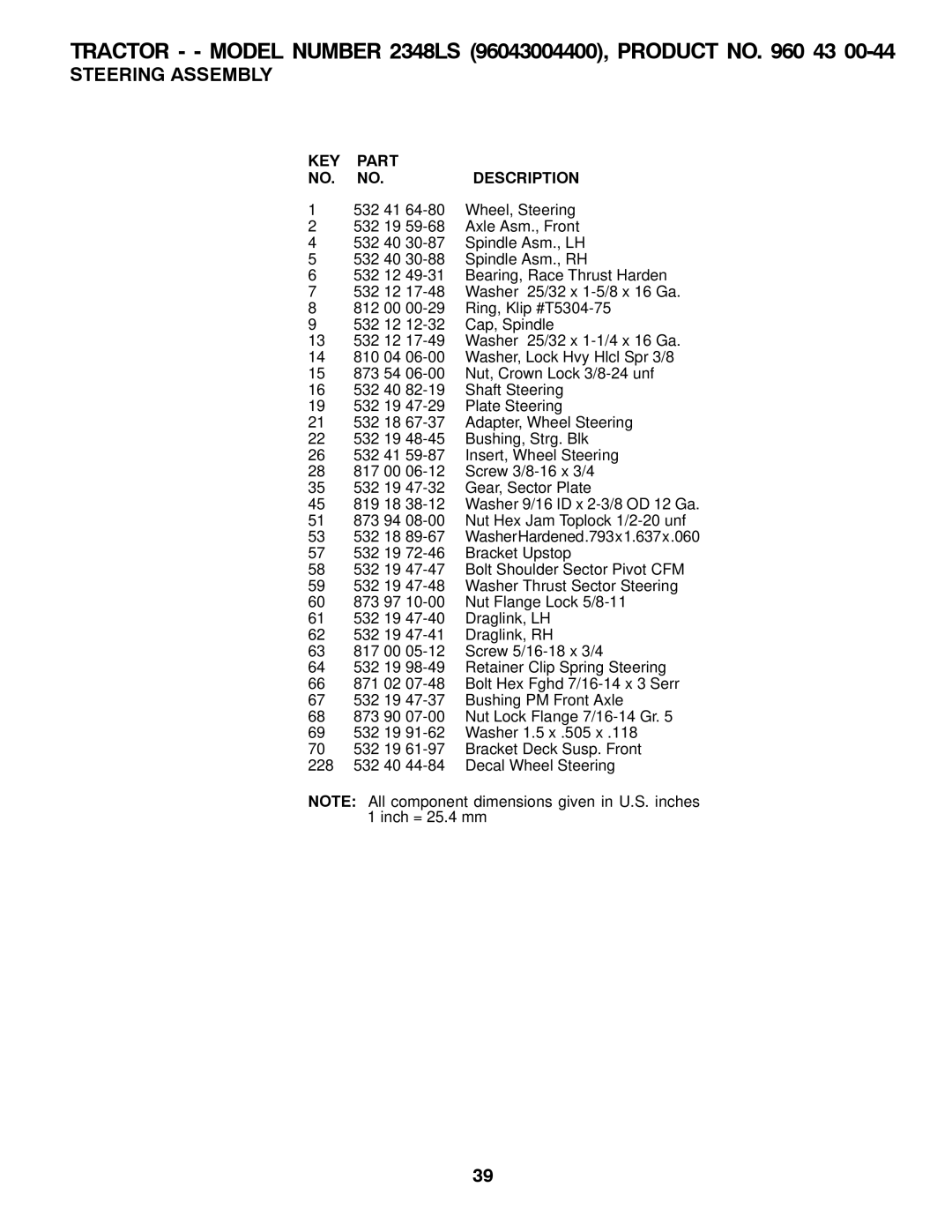 Univex 2348LS, 96043004400 owner manual 532 41 Wheel, Steering 532 19 