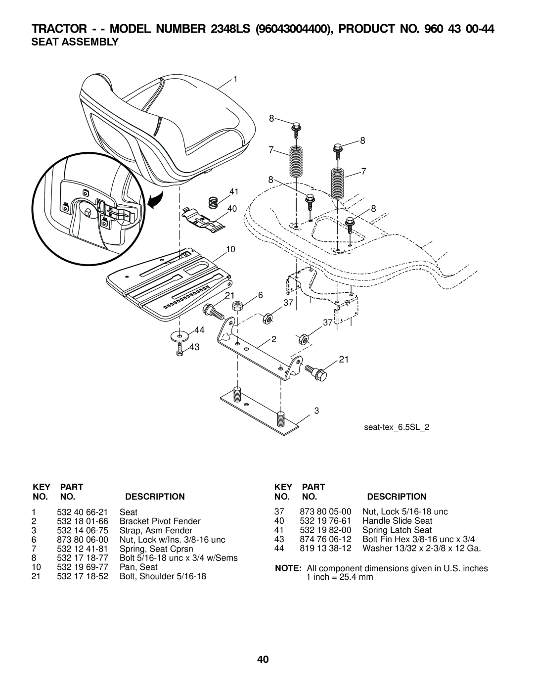 Univex 96043004400, 2348LS owner manual Seat Assembly, 532 40 Seat 