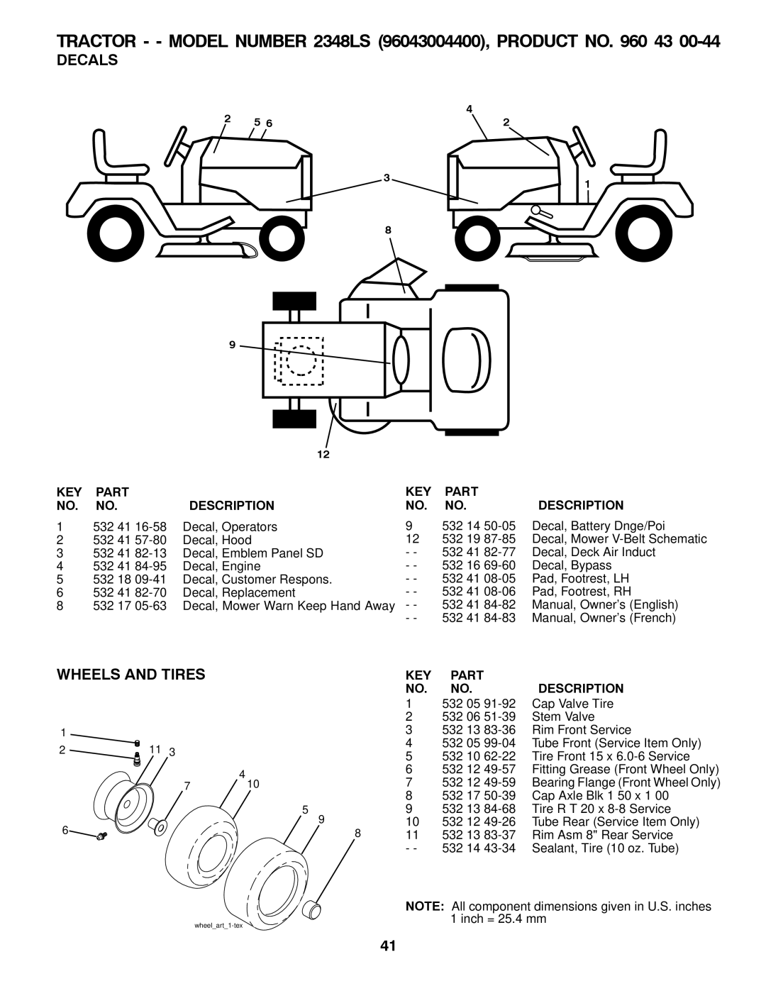 Univex 2348LS, 96043004400 owner manual Decals, Wheels and Tires 