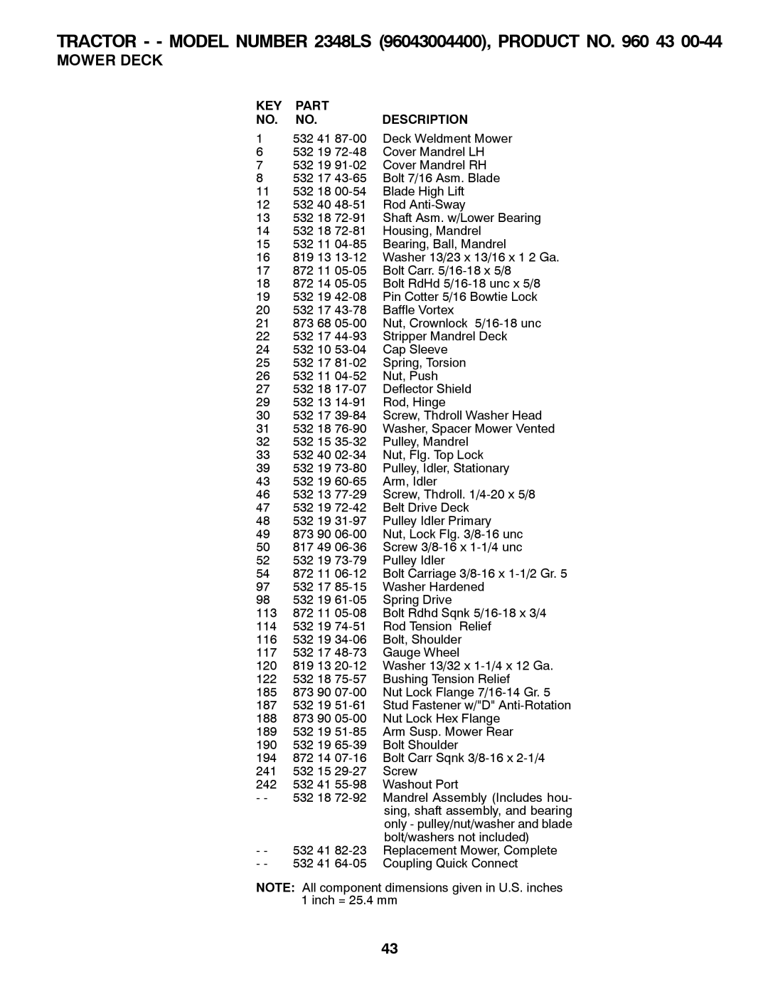 Univex 2348LS, 96043004400 owner manual 532 41 87-00 Deck Weldment Mower 