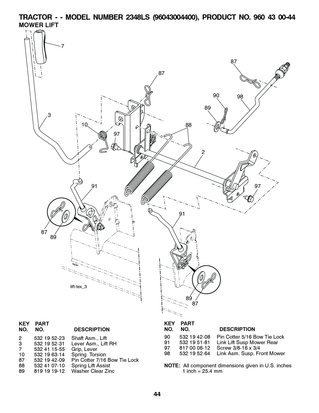 Univex 96043004400, 2348LS owner manual Mower Lift 