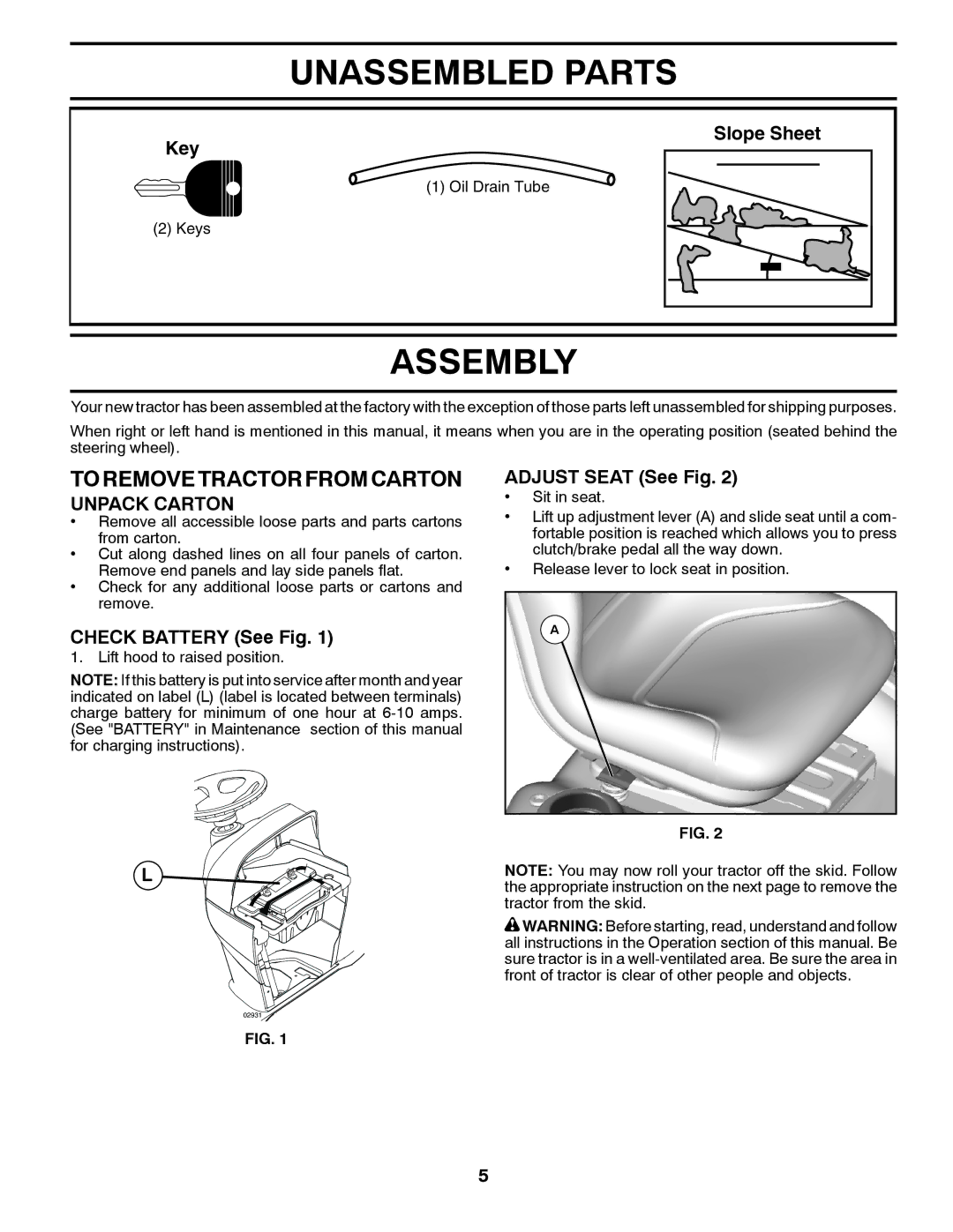 Univex 2348LS, 96043004400 owner manual Unassembled Parts, Assembly, To Remove Tractor from Carton, Unpack Carton 