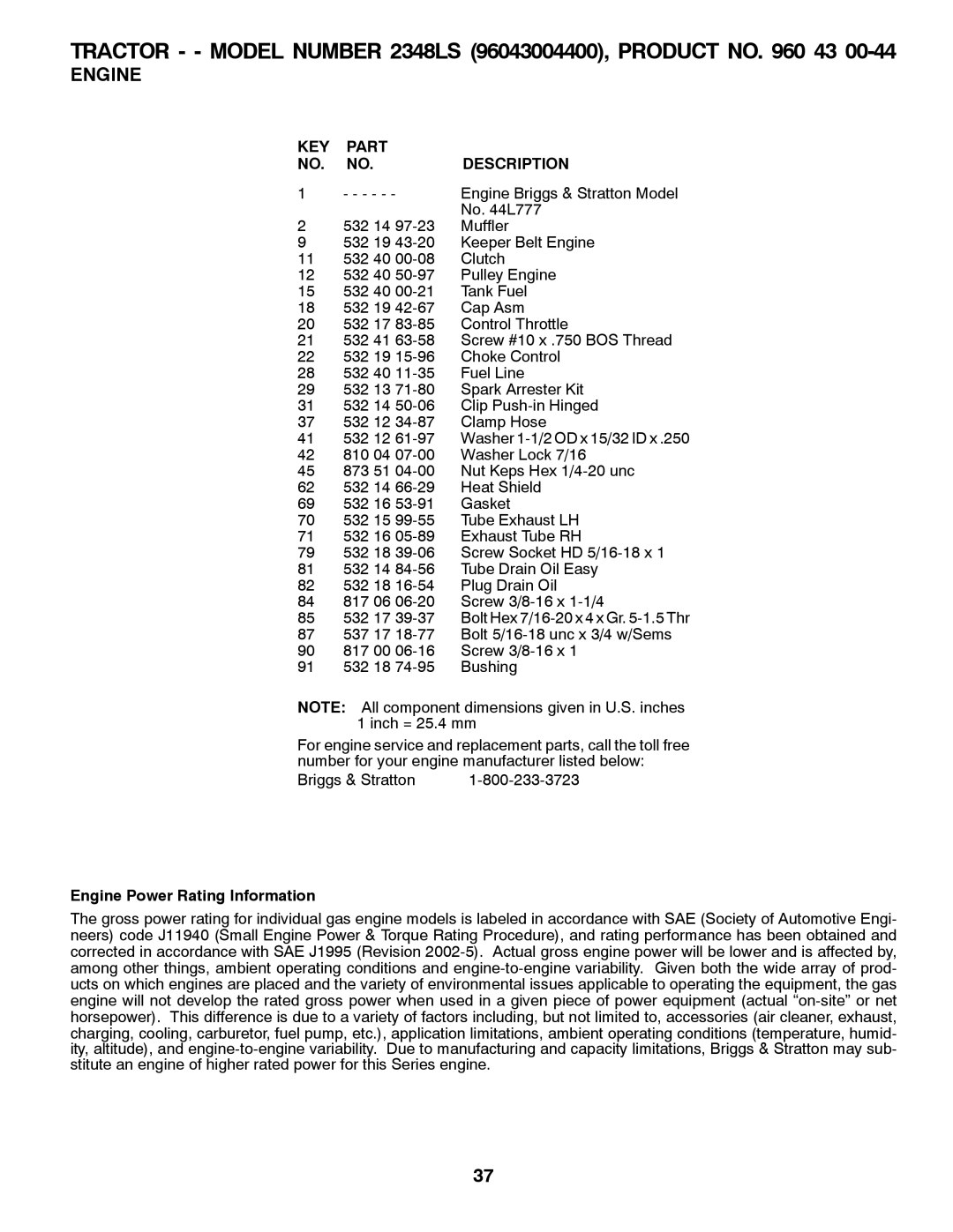 Univex 2348LS, 96043004400 owner manual Part, Description, Engine Power Rating Information 