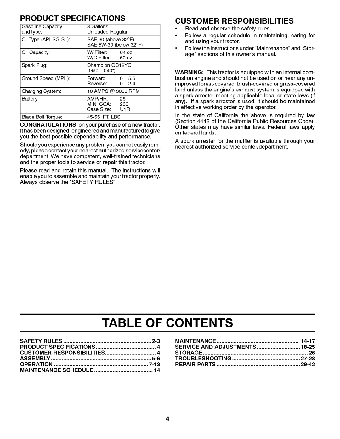 Univex 96043004400, 2348LS owner manual Table Of Contents, Product Specifications, Customer Responsibilities 