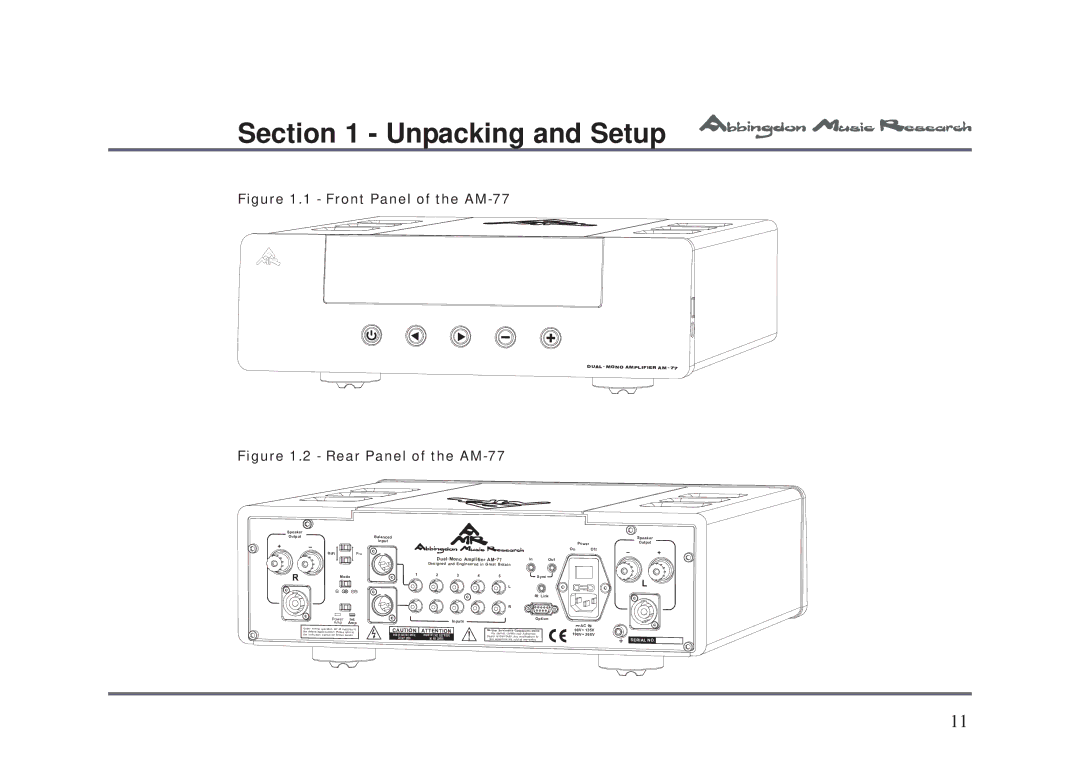 Univex owner manual Front Panel of the AM-77 