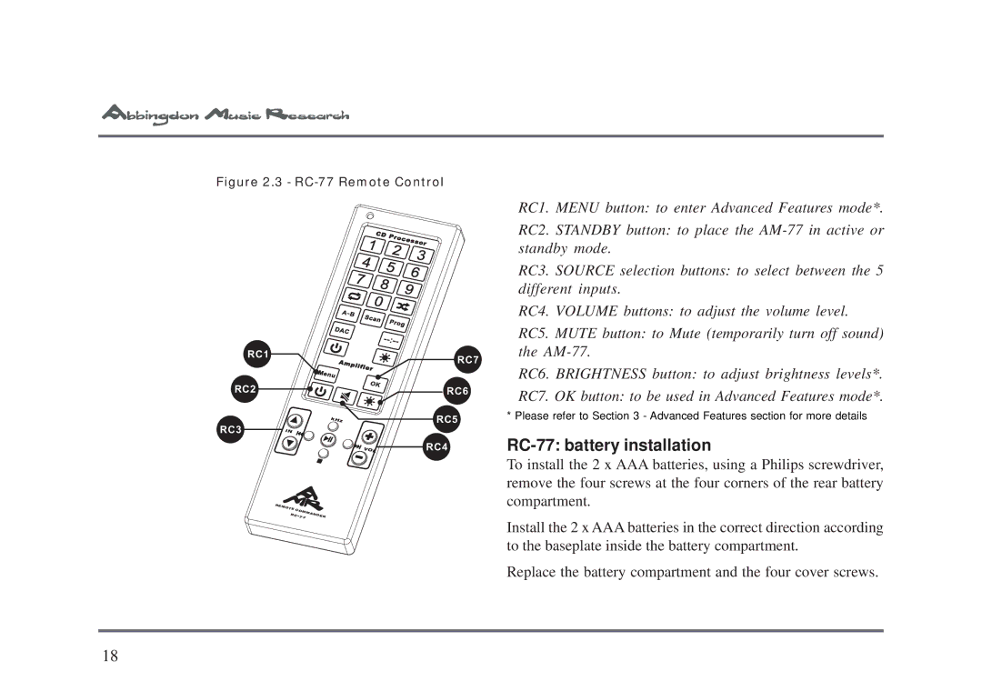 Univex AM-77 owner manual RC-77 battery installation, RC-77 Remote Control 