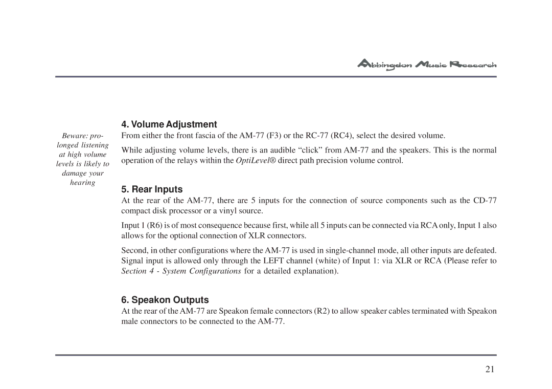 Univex AM-77 owner manual Volume Adjustment, Rear Inputs, Speakon Outputs 