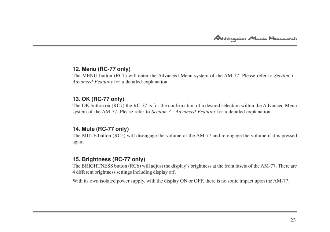 Univex AM-77 owner manual Menu RC-77 only, OK RC-77 only, Mute RC-77 only, Brightness RC-77 only 