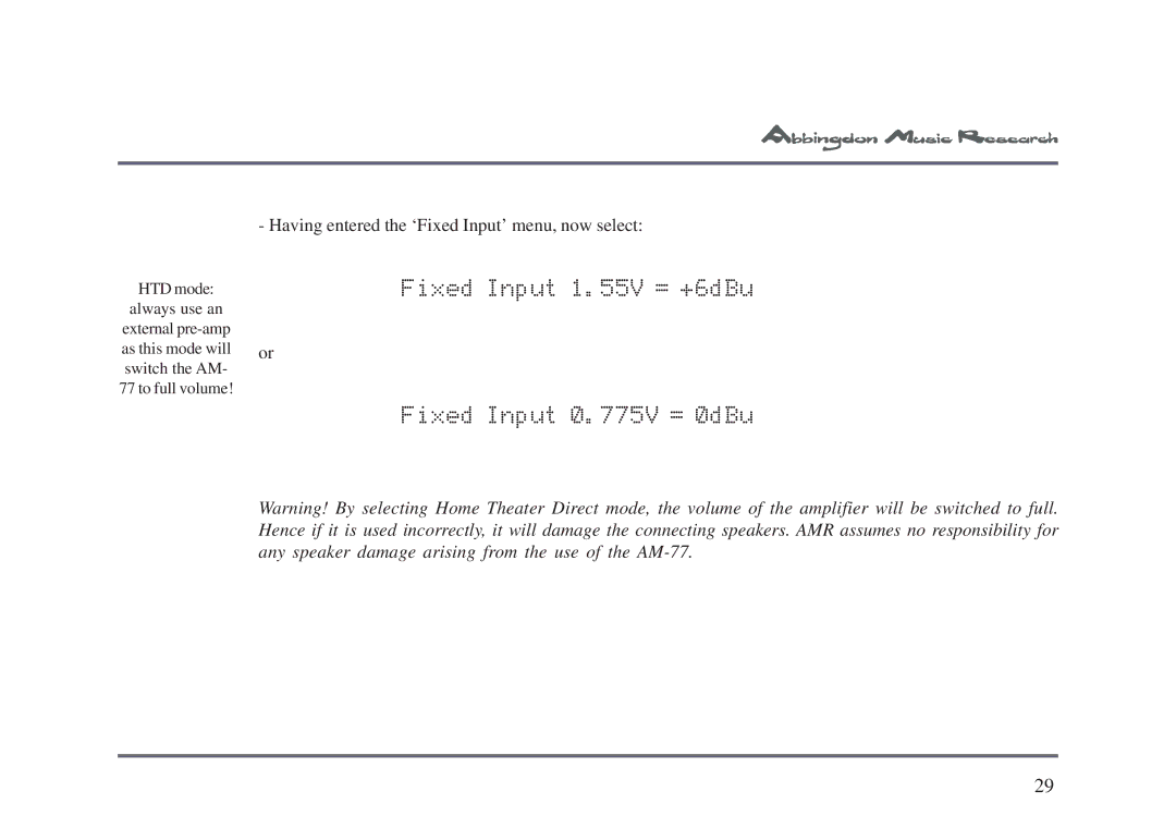 Univex AM-77 owner manual Fixed Input 1.55V = +6dBu 