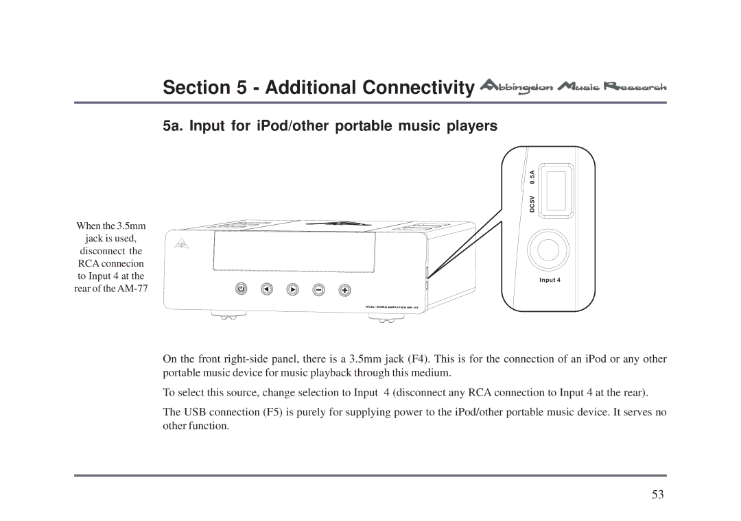 Univex AM-77 owner manual 5a. Input for iPod/other portable music players 